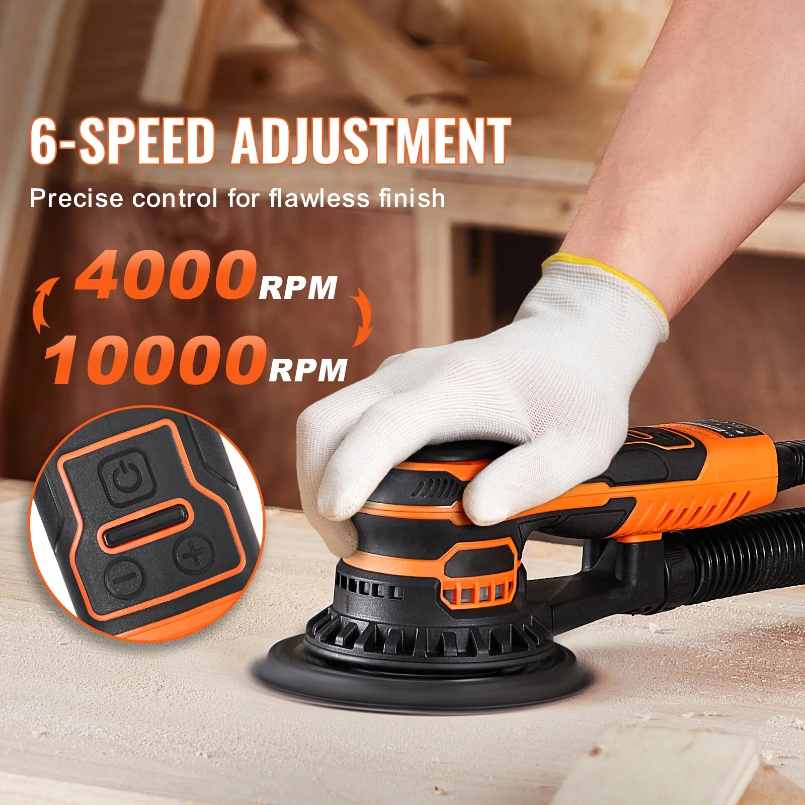 Random Orbital Sander 6'' Palm Sander 10000 PRM 10 PCS Sandpapers 6 Speeds - Image 2