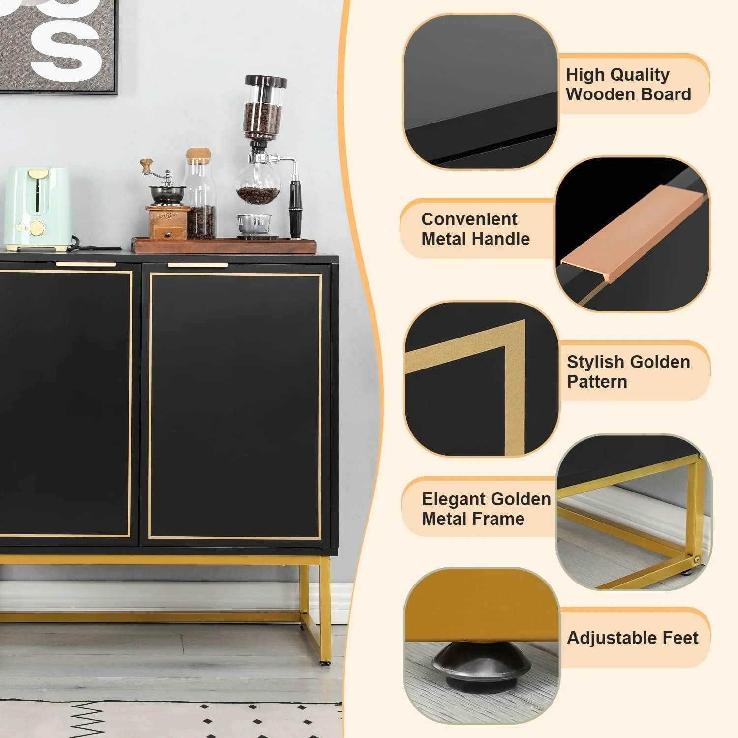 Yoleny 31'' Buffet Cabinet with Storage, Accent Cabinet with 2 Doors, Gold Trim and Golden Legs, Wooden Sideboard with Adjustable Shelf and Feet for Bedroom, Living Room, Kitchen, Hallway, Black - Image 3