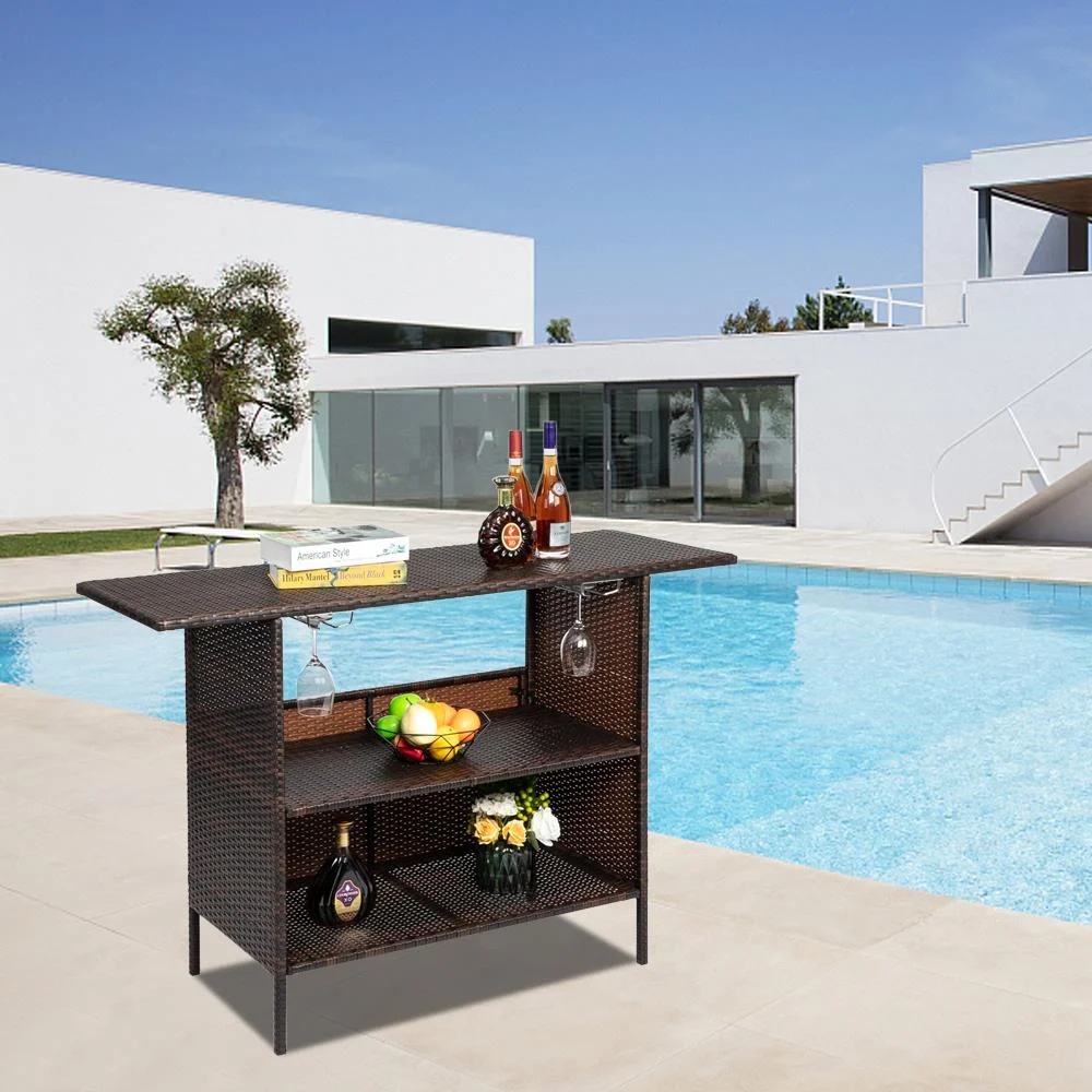 Zimtown Outdoor Wicker Bar Table with 2 Steel Shelves Brown, Patio Bar Table for Storage Function with 2 Tiers - Image 2