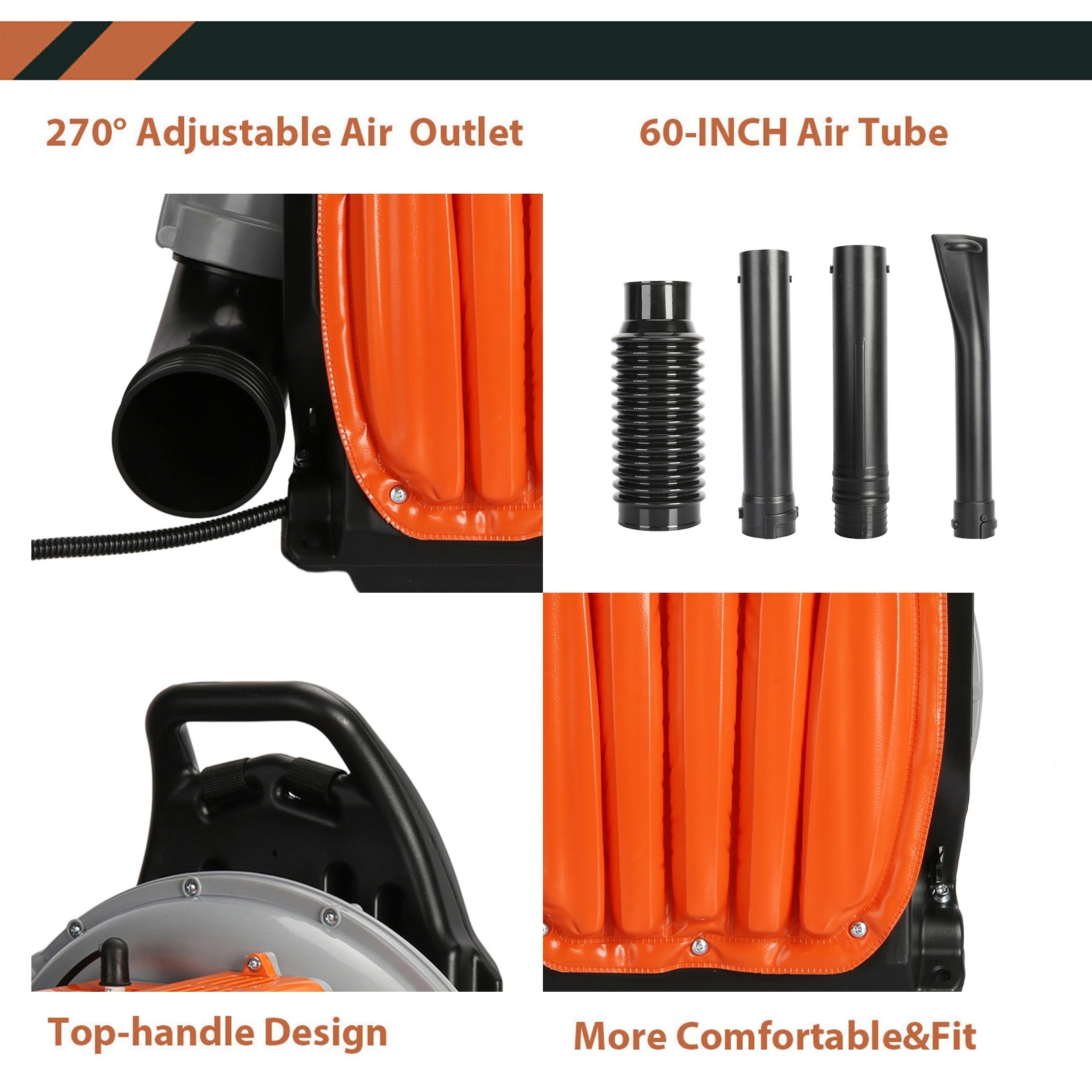 Limorve EB650 Backpack Leaf Blower, 2-Stroke Engine Multi-purpose 63 Cubic Centimeter High Strength Snow Blower for Lawn Care, Patio, Sidewalk,Snow Blowing-Orange - Image 7