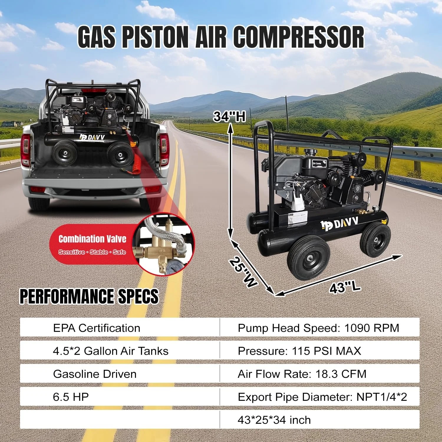 HPDAVV 6.5HP 120 PSI One Stage Gas Driven Piston Air Compressor 20 gal - Image 3