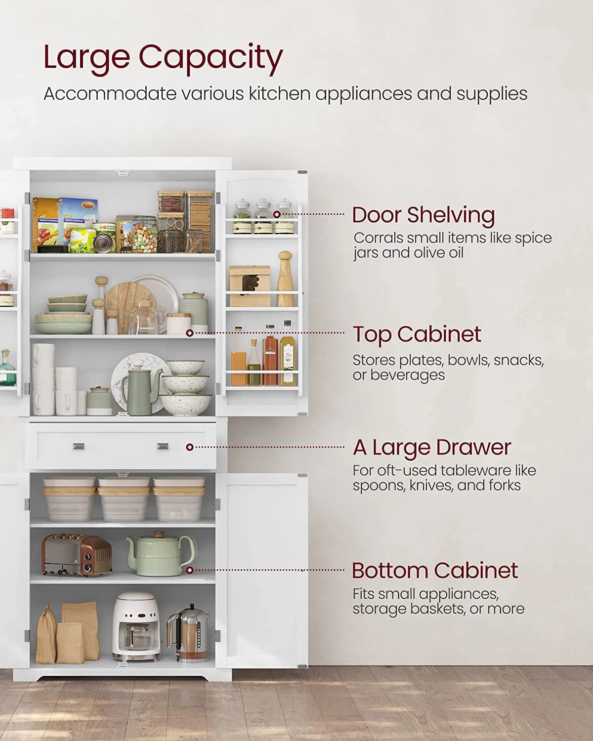 VASAGLE 71.9 Inch Kitchen Pantry Storage Cabinet Tall Freestanding Cupboard with 1 Large Drawer 6 Hanging Shelves for Dining Room Laundry White - Image 2