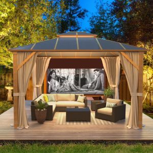 Erommy  Hardtop Gazebo, Waterproof Aluminum Pavilion with Netting & Curtains for Patio, Garden Dusty Blue 10'x12'
