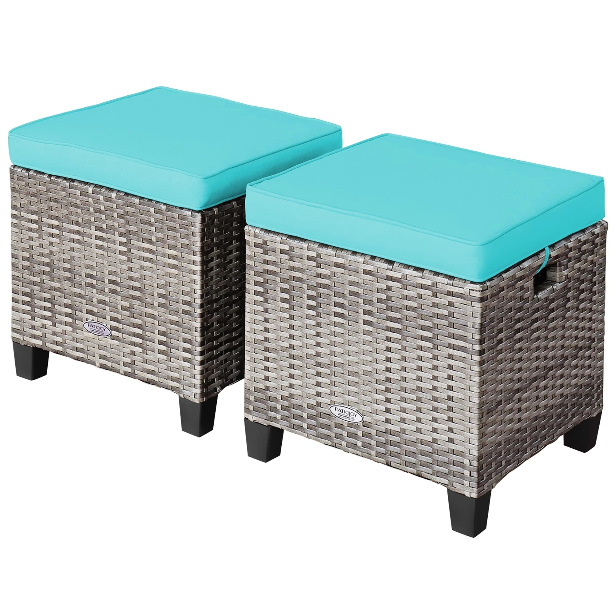 Costway 2PCS Patio Rattan Cushioned Ottoman Seat Foot Rest TableTurquoise - Image 14