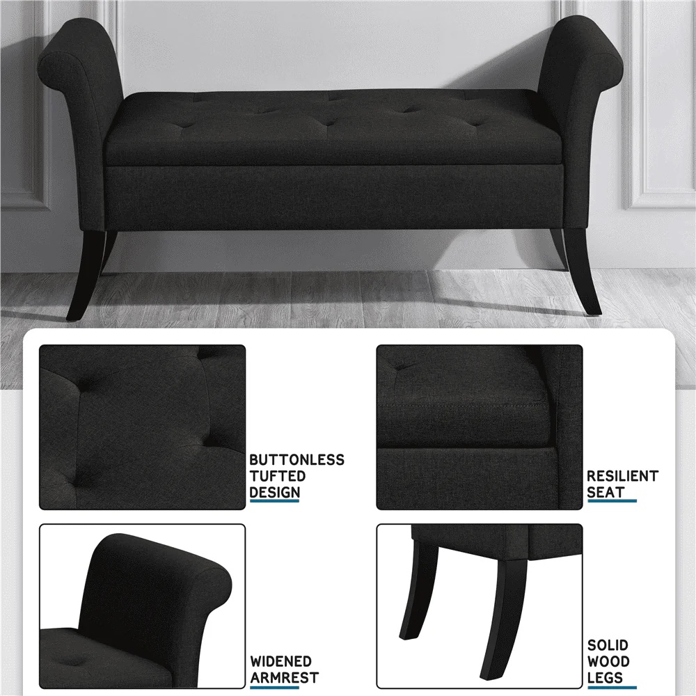 SMILE MART Modern Fabric Tufted Storage Bench with Rolled Arms for Home, Black - Image 6