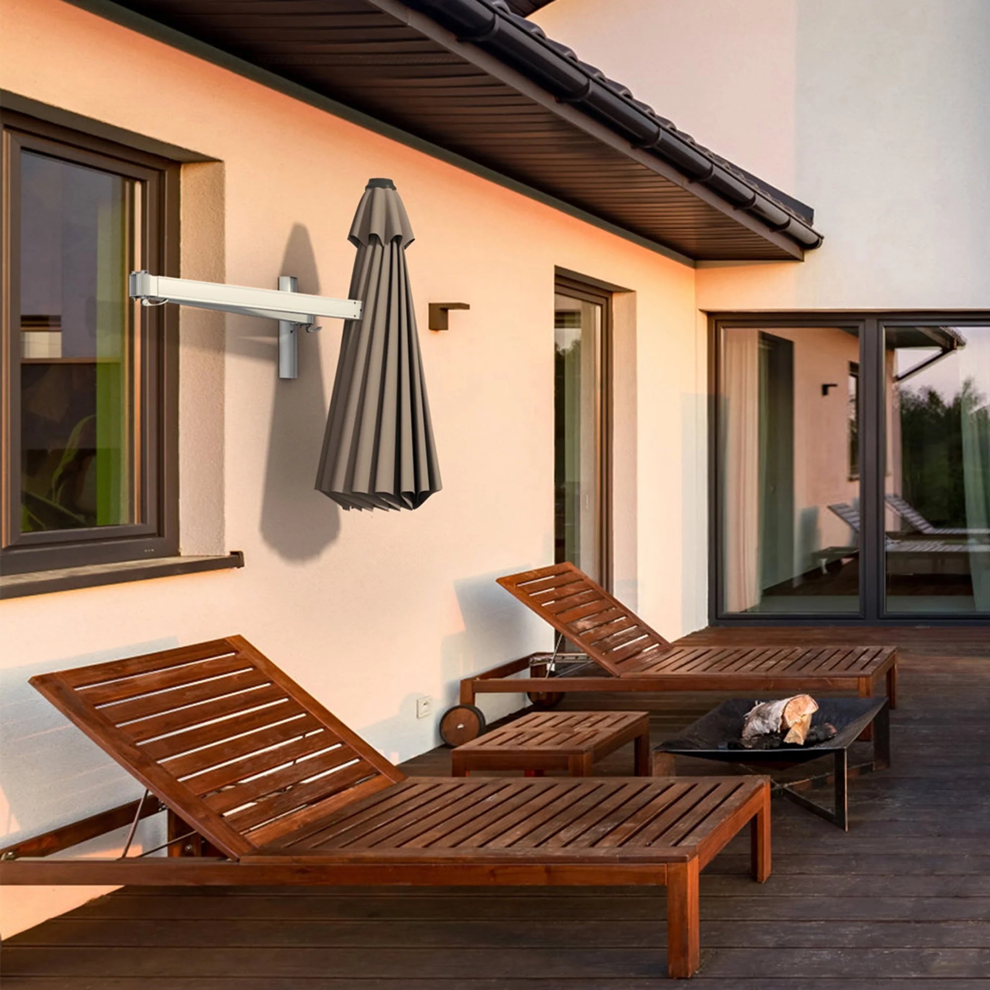 Gymax 8FT Patio Wall Mounted Cantilever Umbrella Parsol w/ Adjustable Pole Tan - Image 4
