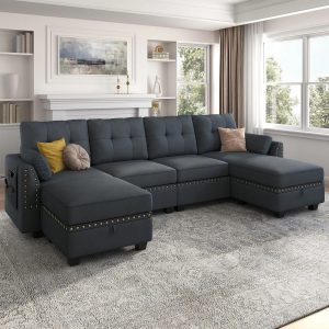 HONBAY Modern Linen Fabric with Reversible Chaise L-Shaped Sofa Couch with Storage Ottoman for Small Space Living Room, Bluish Grey