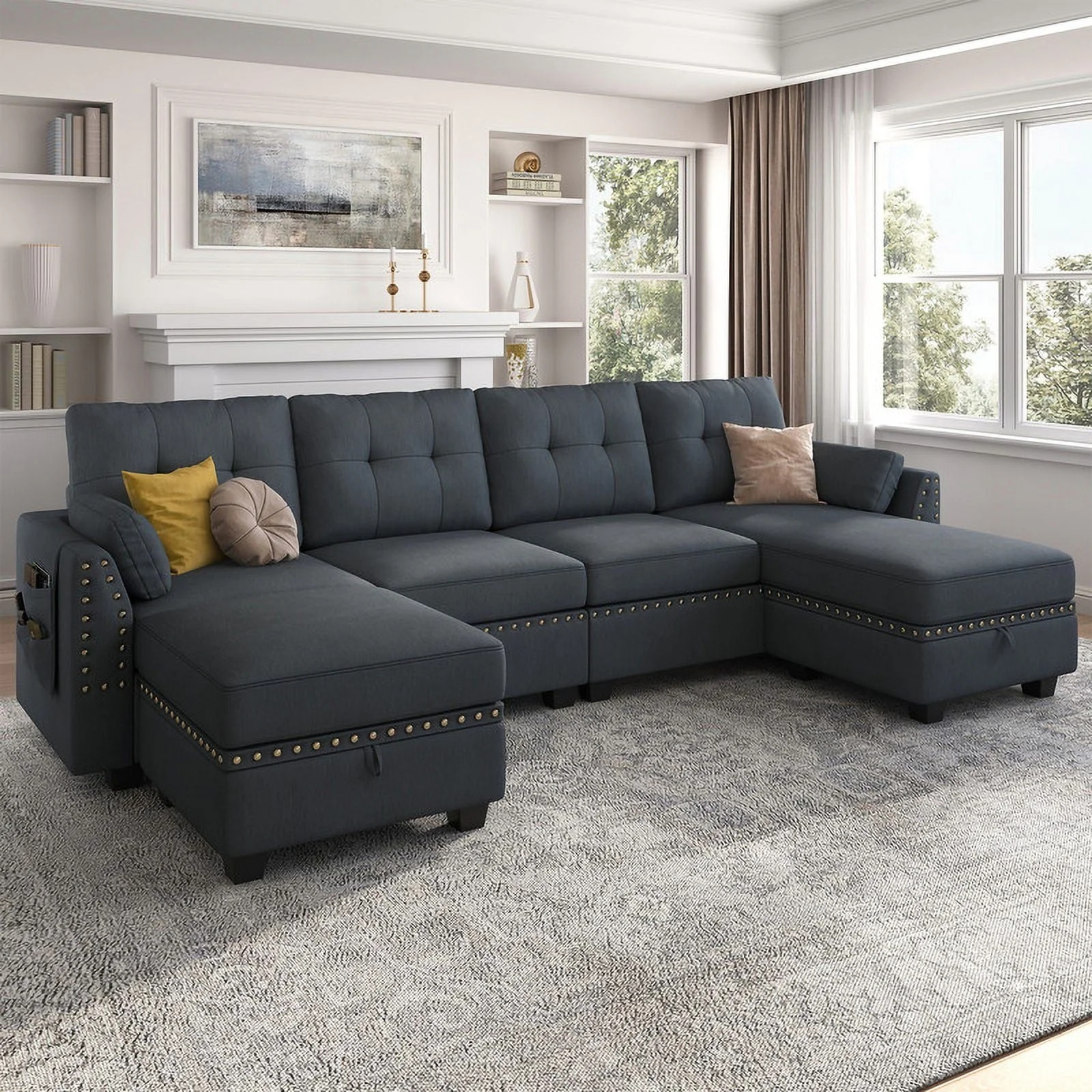 HONBAY Modern Linen Fabric with Reversible Chaise L-Shaped Sofa Couch with Storage Ottoman for Small Space Living Room, Bluish Grey