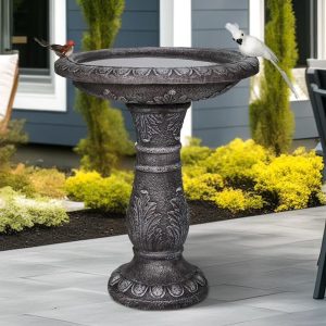 24.4" H Cement Bird Bath for Garden- Fibre Reinforced Concrete Bird Baths for Outdoors, Large Size Vintage Carved Pedestal Birdbath for Patio, Yard, Lawn -20-Dia. X 24.4-H Bird Fountain