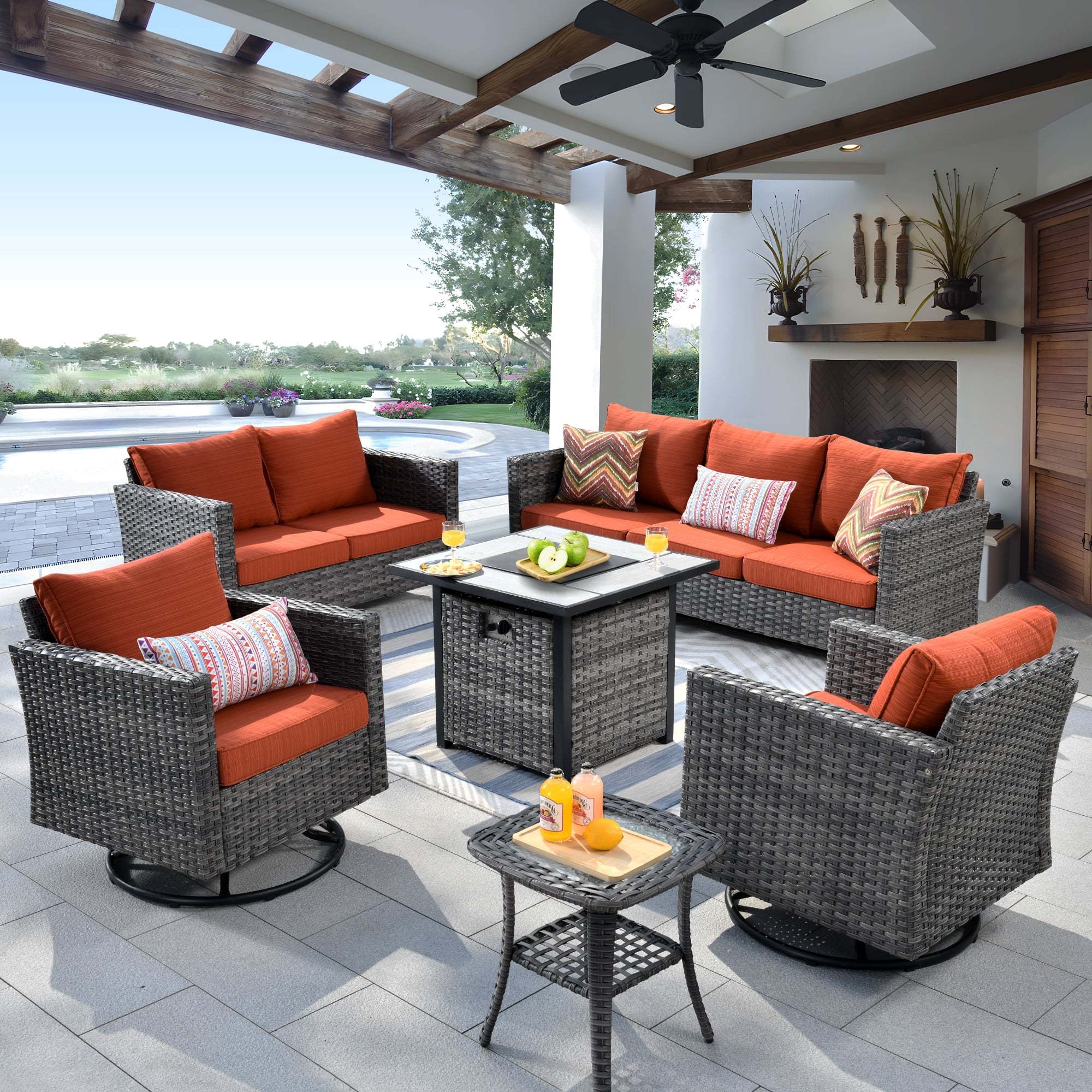 Ovios 6 Pieces Outdoor Patio Furniture Set with Gas Propane Fire Pit Table Wicker Outdoor Conversation Set with Swivel Rocking Chair for Backyard, Cushion Beige - Image 38