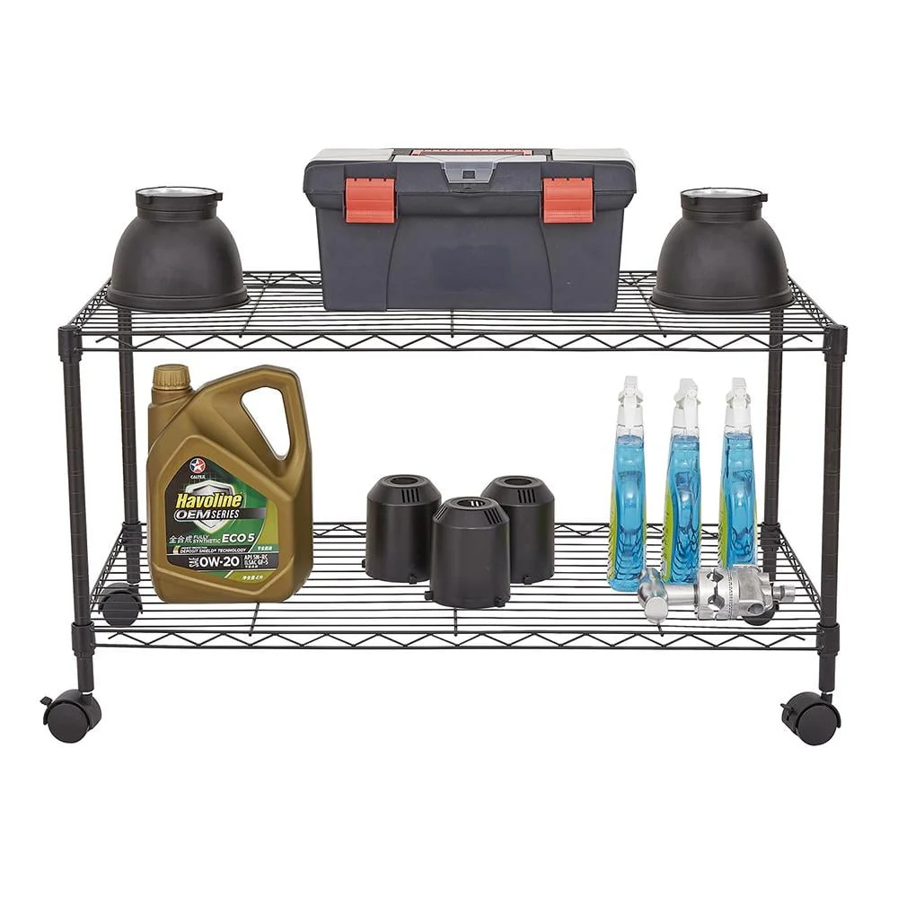 Zimtown 2-Tier Adjustable Rolling Cart, 35"W x 17.7"D x 19"H Garage Shelving Unit Storage Rack, Black - Image 2