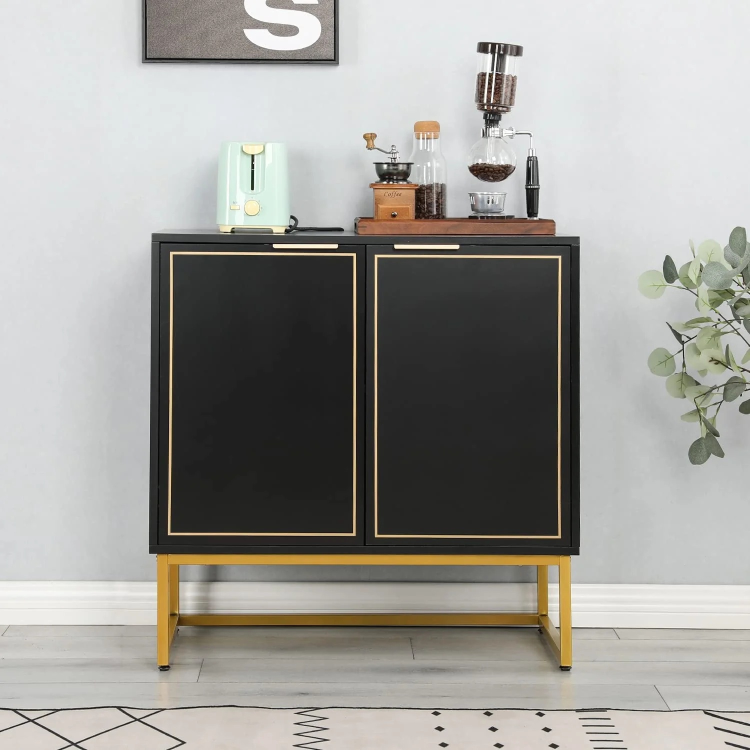 Yoleny 31'' Buffet Cabinet with Storage, Accent Cabinet with 2 Doors, Gold Trim and Golden Legs, Wooden Sideboard with Adjustable Shelf and Feet for Bedroom, Living Room, Kitchen, Hallway, Black - Image 5