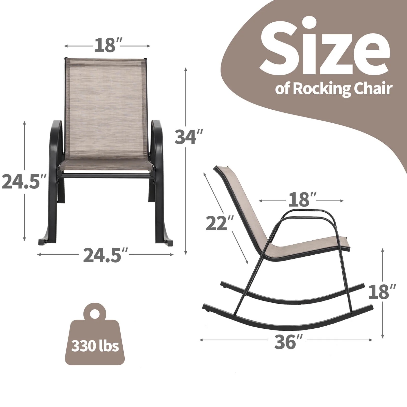 Costway 2 PCS Patio Rocking Chair Heavy-Duty Metal Rocker Outdoor Anti-Slip Brown - Image 4