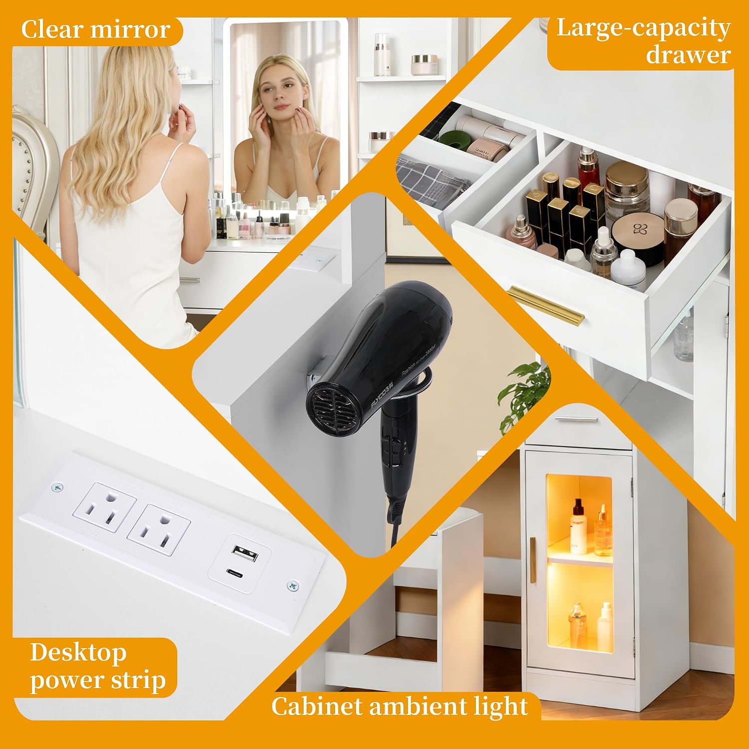 White LED Vanity Table with Three-Color Adjustable Light HD Mirror, USB Charging Port,Leather Stool, Double-Layer Acrylic Cabinet with Ambient Lighting,and Makeup Table with Drawer Storage - Image 6