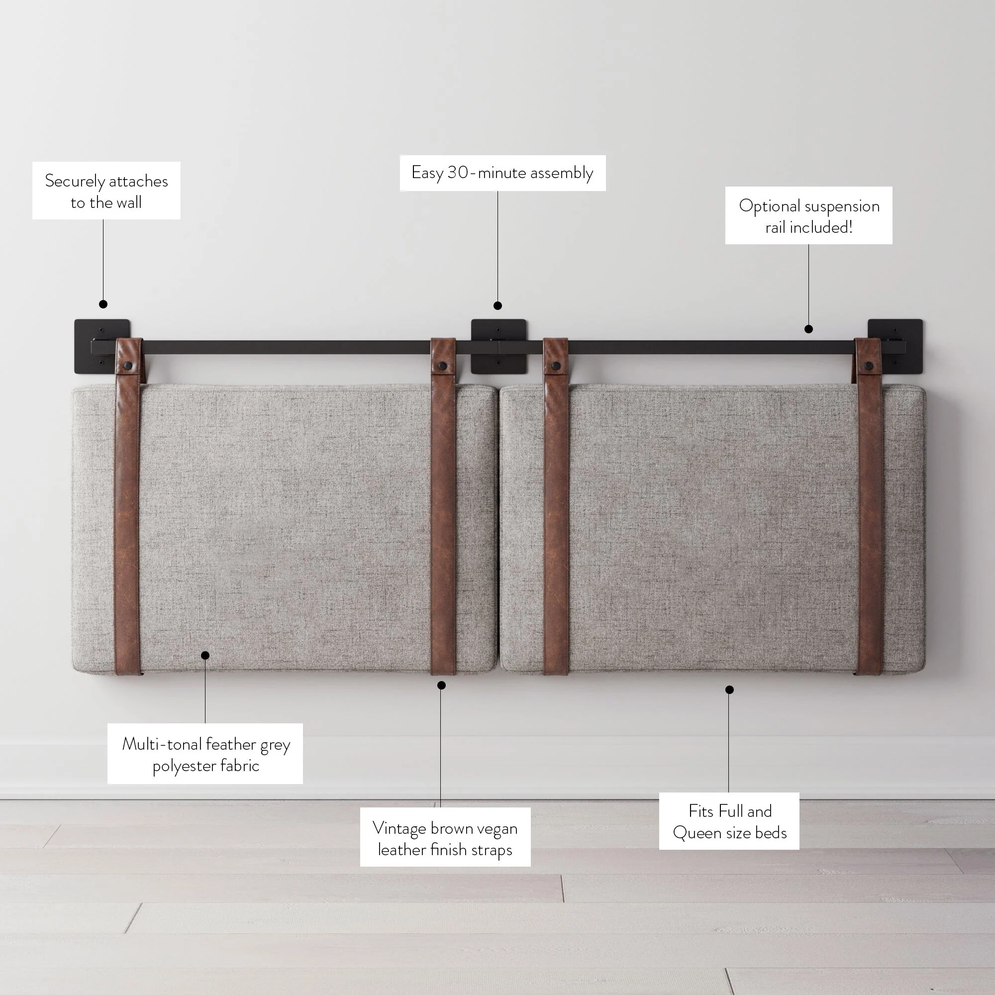 Wall Mount Upholstered Headboard with Metal Rail - Modern Bedroom Headboard - Image 31