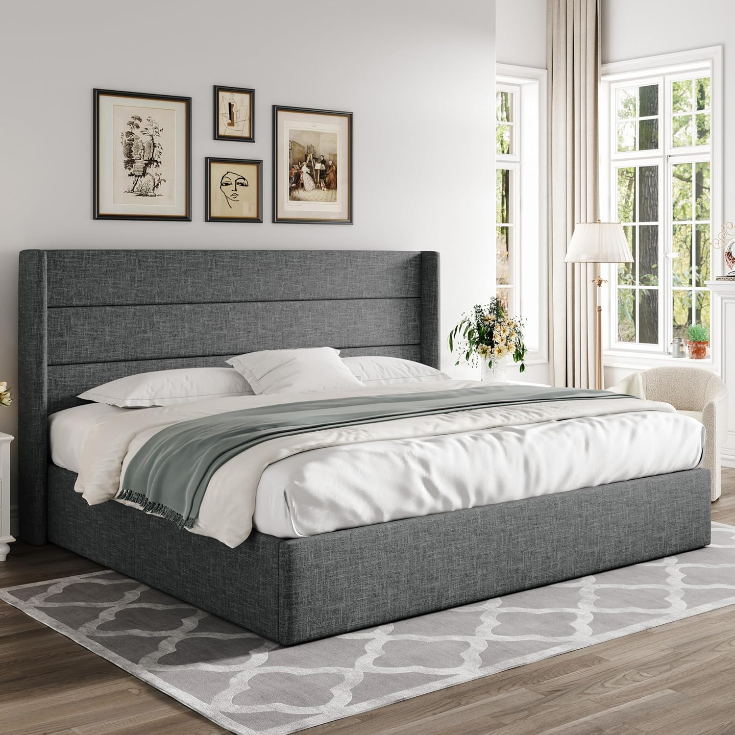 Queen Size Lift Up Storage Bed with Wingback Headboard, Upholstered Platform Bed Frame with Hidden Storage - Image 48