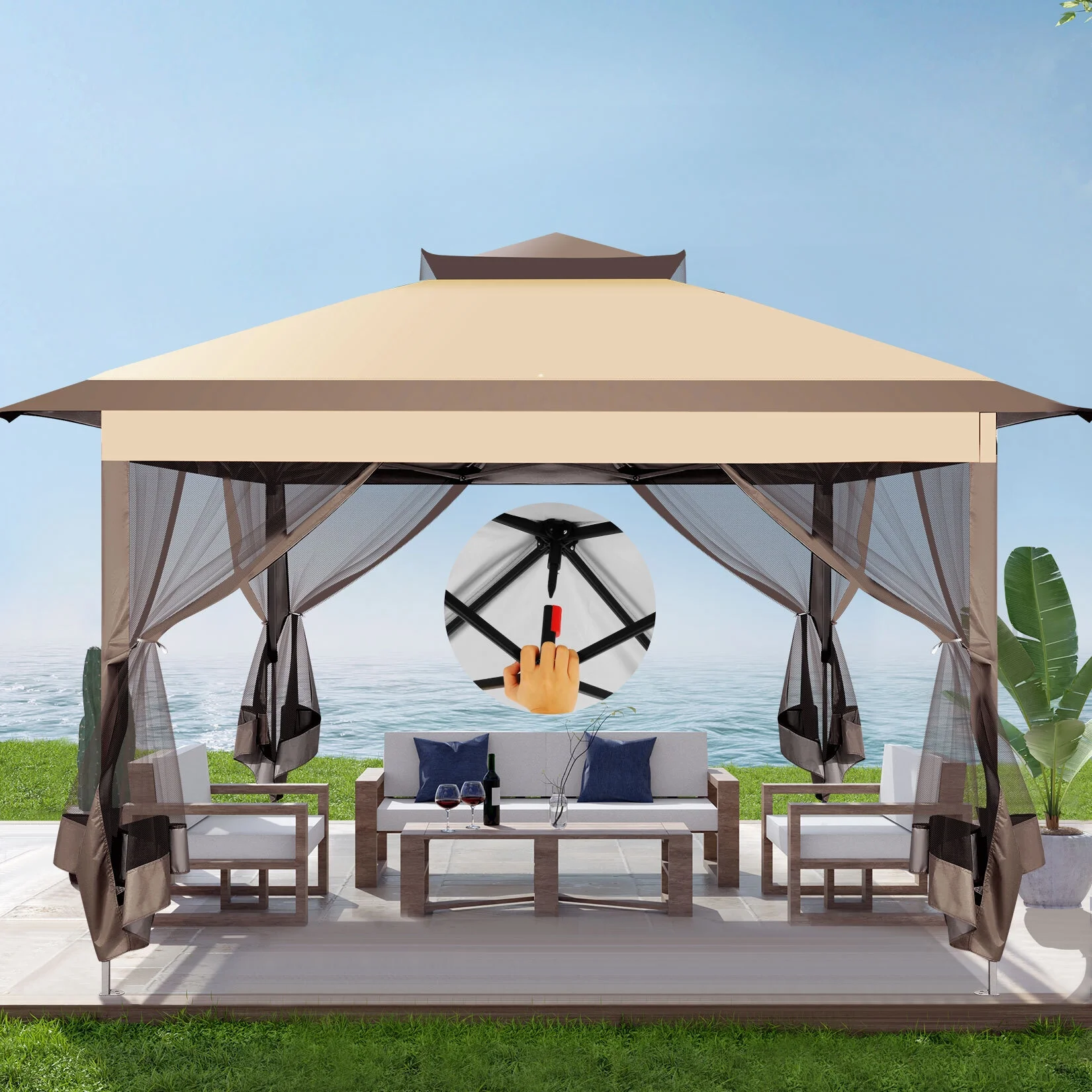 COBIZI 11x11 Pop up Gazebo Outdoor Canopy Gazebo Patio Gazebo with Mosquito Netting Canopy Shelter with 121 Square feet of Shade for Poolside, Garden, Party and Backyard, Khaki - Image 39