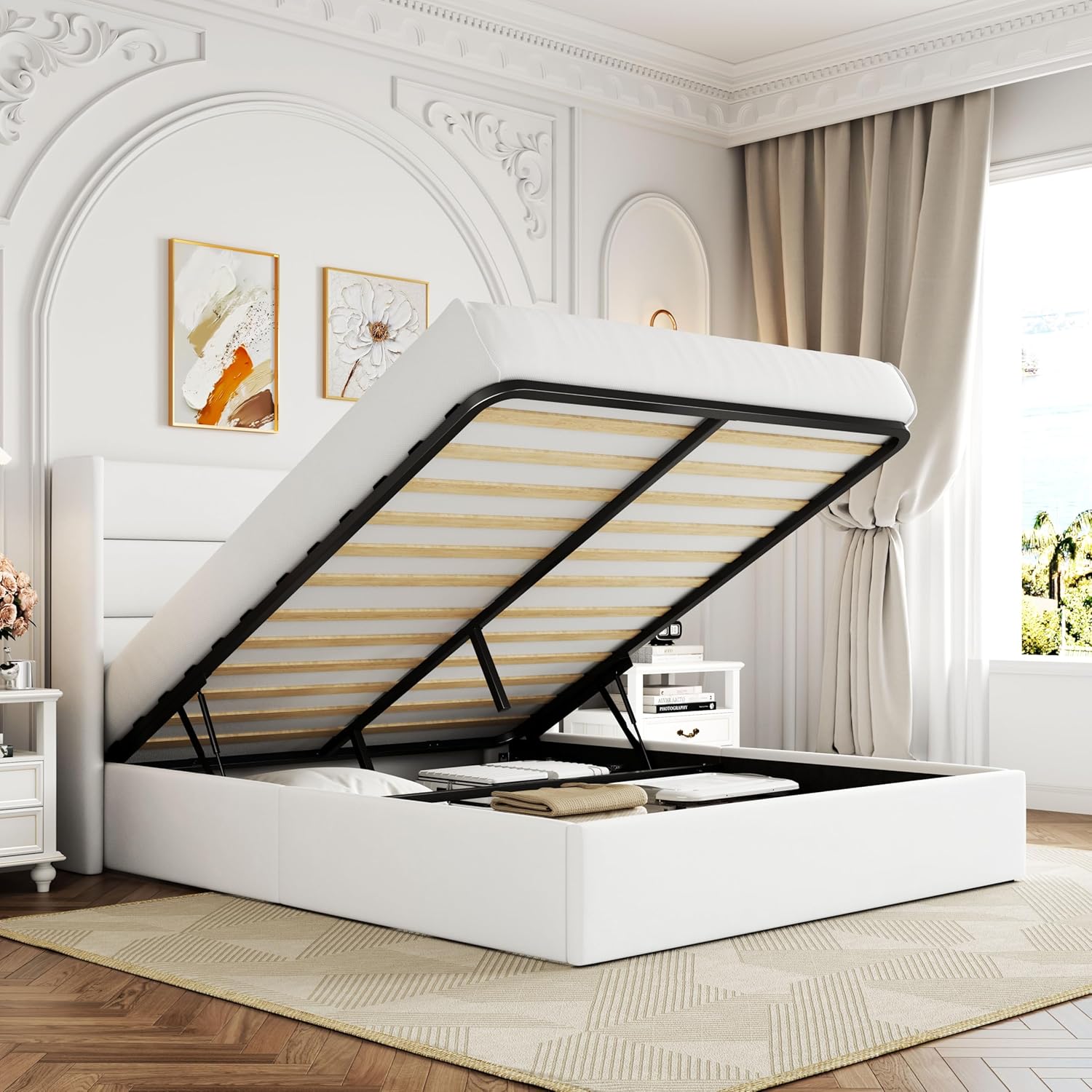 Queen Size Lift Up Storage Bed with Wingback Headboard, Upholstered Platform Bed Frame with Hidden Storage - Image 13