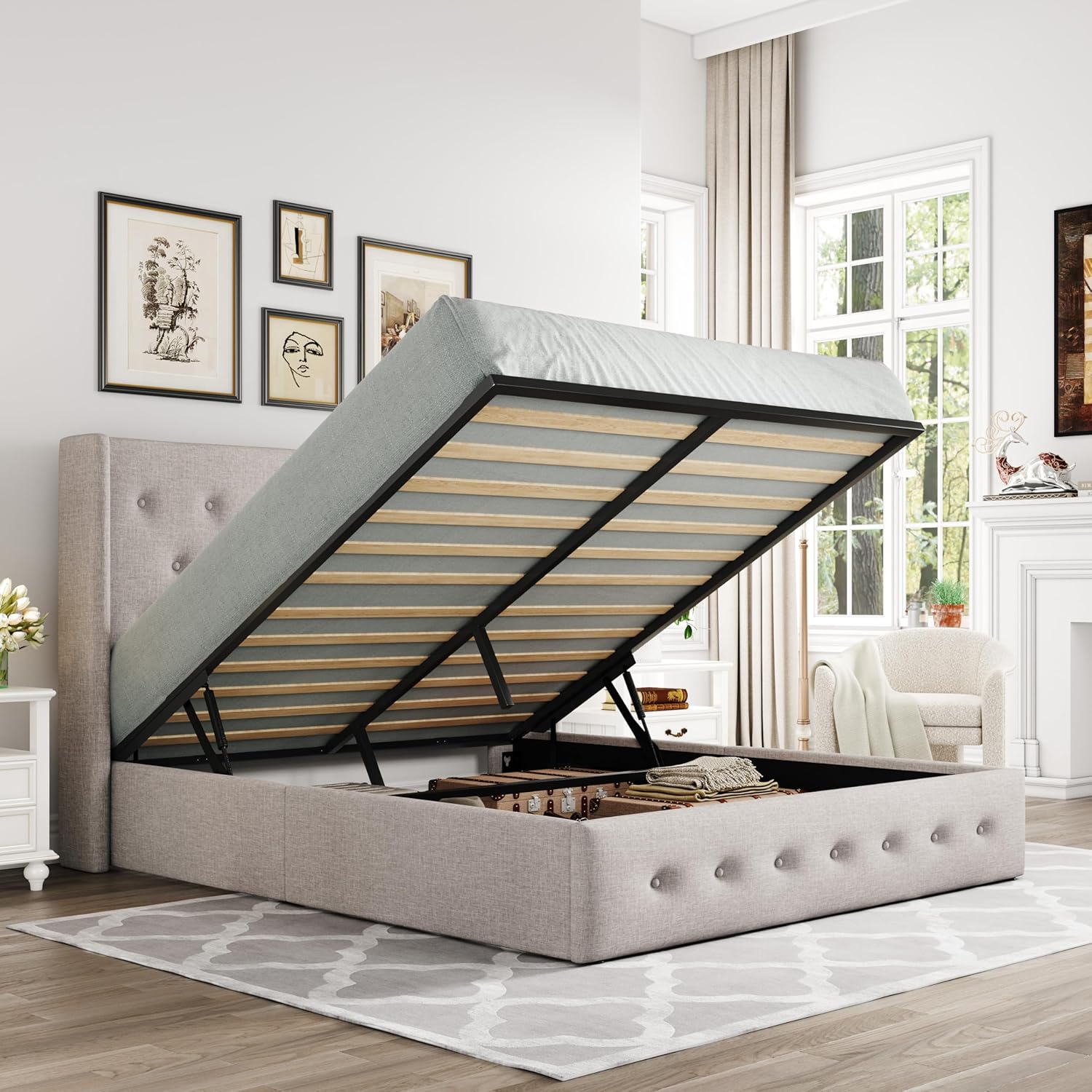 Queen Size Lift Up Storage Bed with Wingback Headboard, Upholstered Platform Bed Frame with Hidden Storage - Image 15