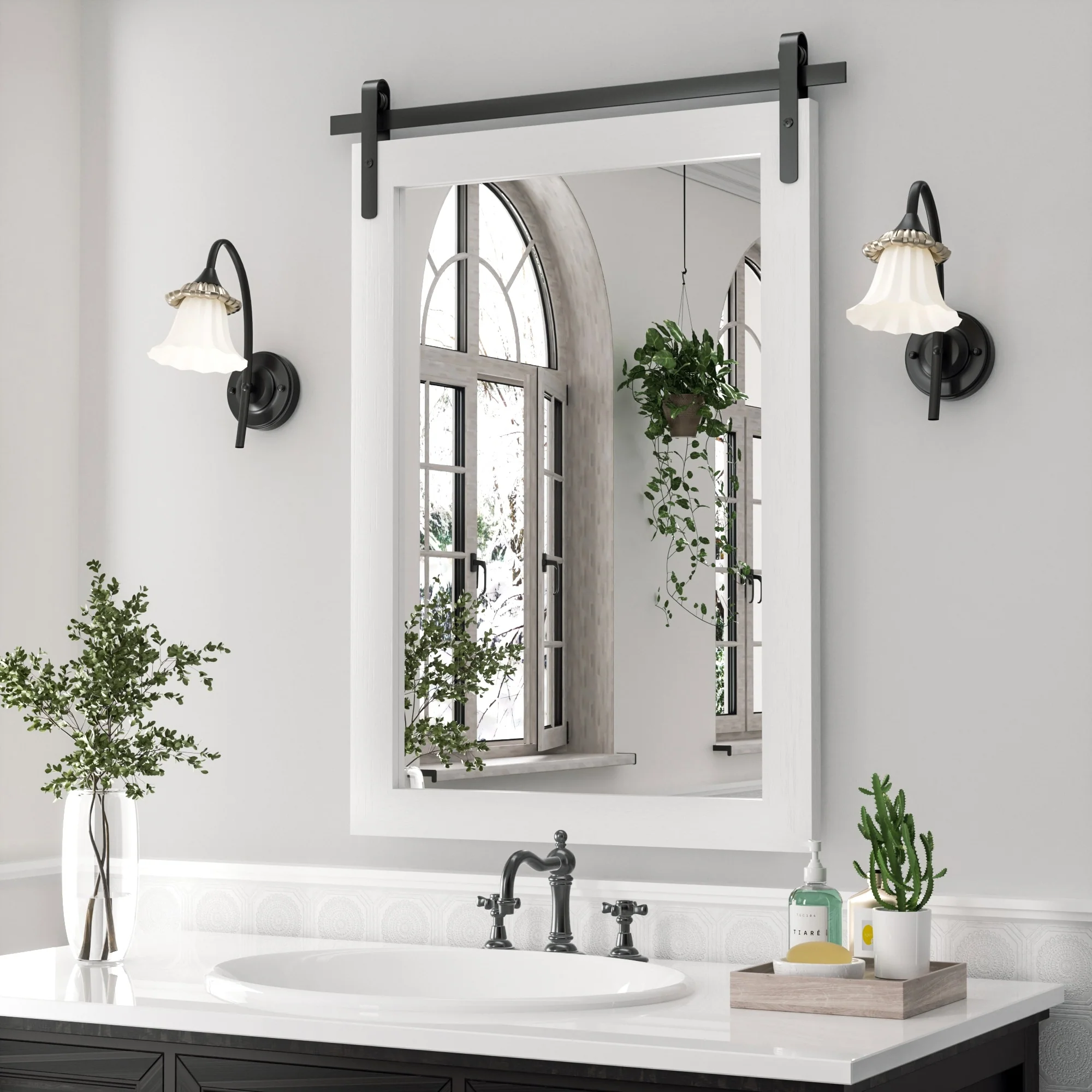 Modern Rectangular Wall Mirror with Wood Frame, Bathroom and Barn Door Mirror, Multiple Sizes - Image 6