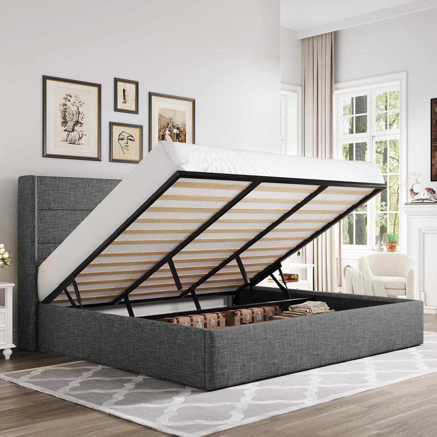 Queen Size Lift Up Storage Bed with Wingback Headboard, Upholstered Platform Bed Frame with Hidden Storage - Image 29