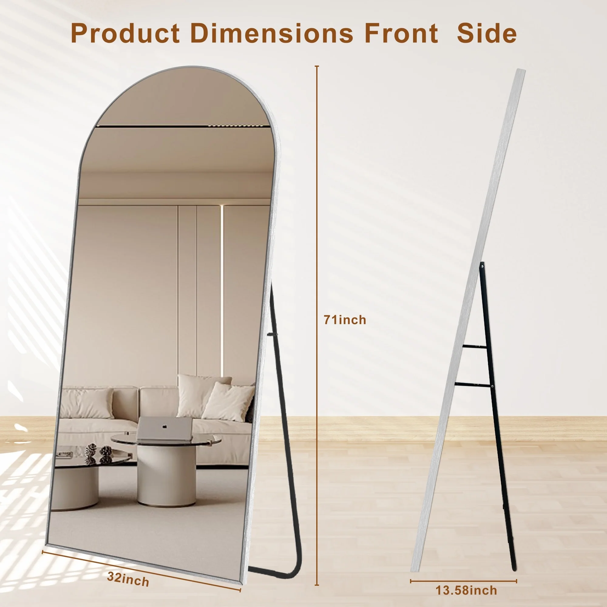 Modern Arched Full Length Floor Mirror, Aluminum Alloy Frame Standing Full Body Mirror - Image 25