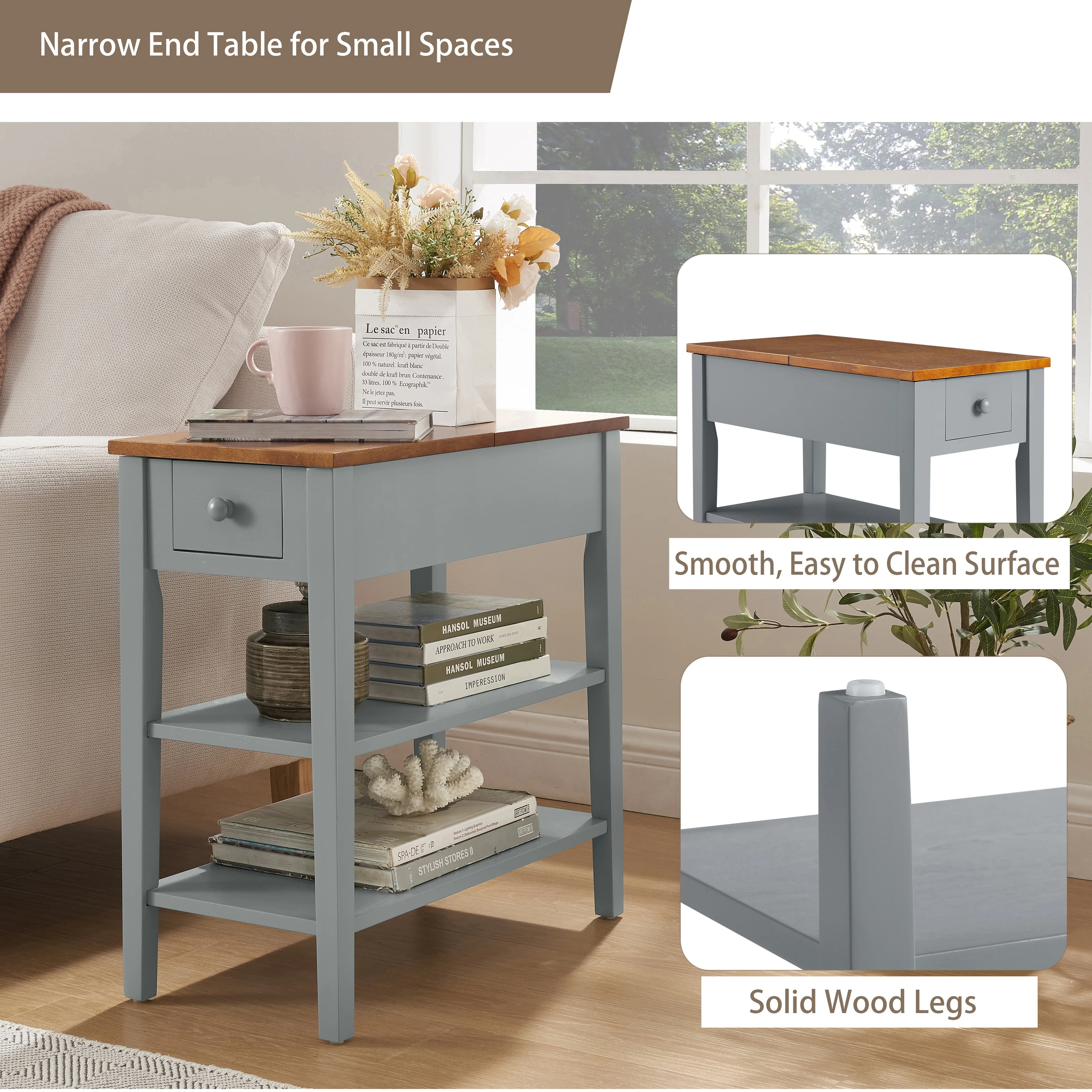 Narrow 2-Tone End Table with USB Charging Ports, Small Space Side Table - Image 2
