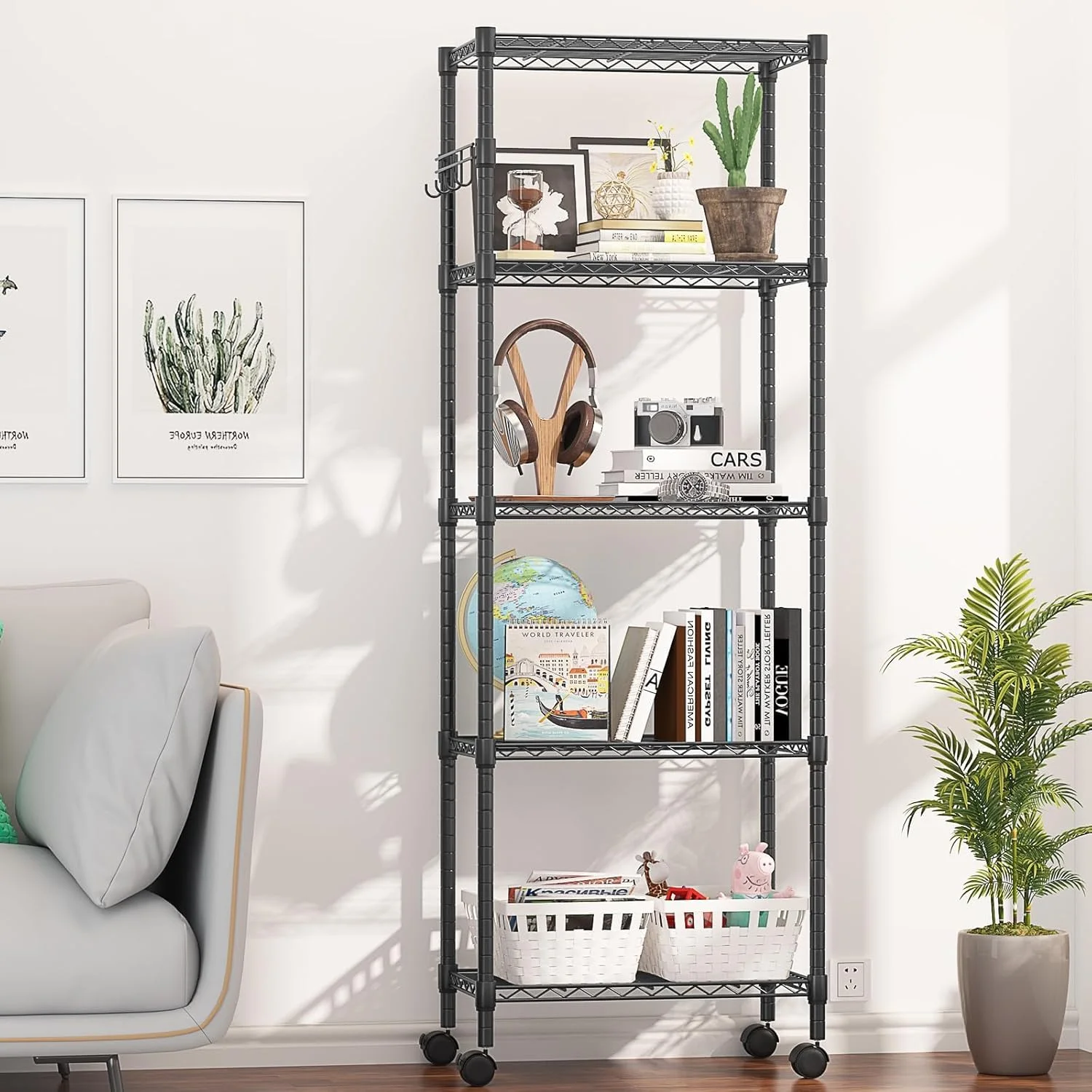 5-Tier Storage Shelf Wire Shelving Unit on Wheels, Adjustable Heavy Duty Metal Shelves with Side Hooks, Steel Rack Organization for Kitchen Garage Basement, Silver - Image 11