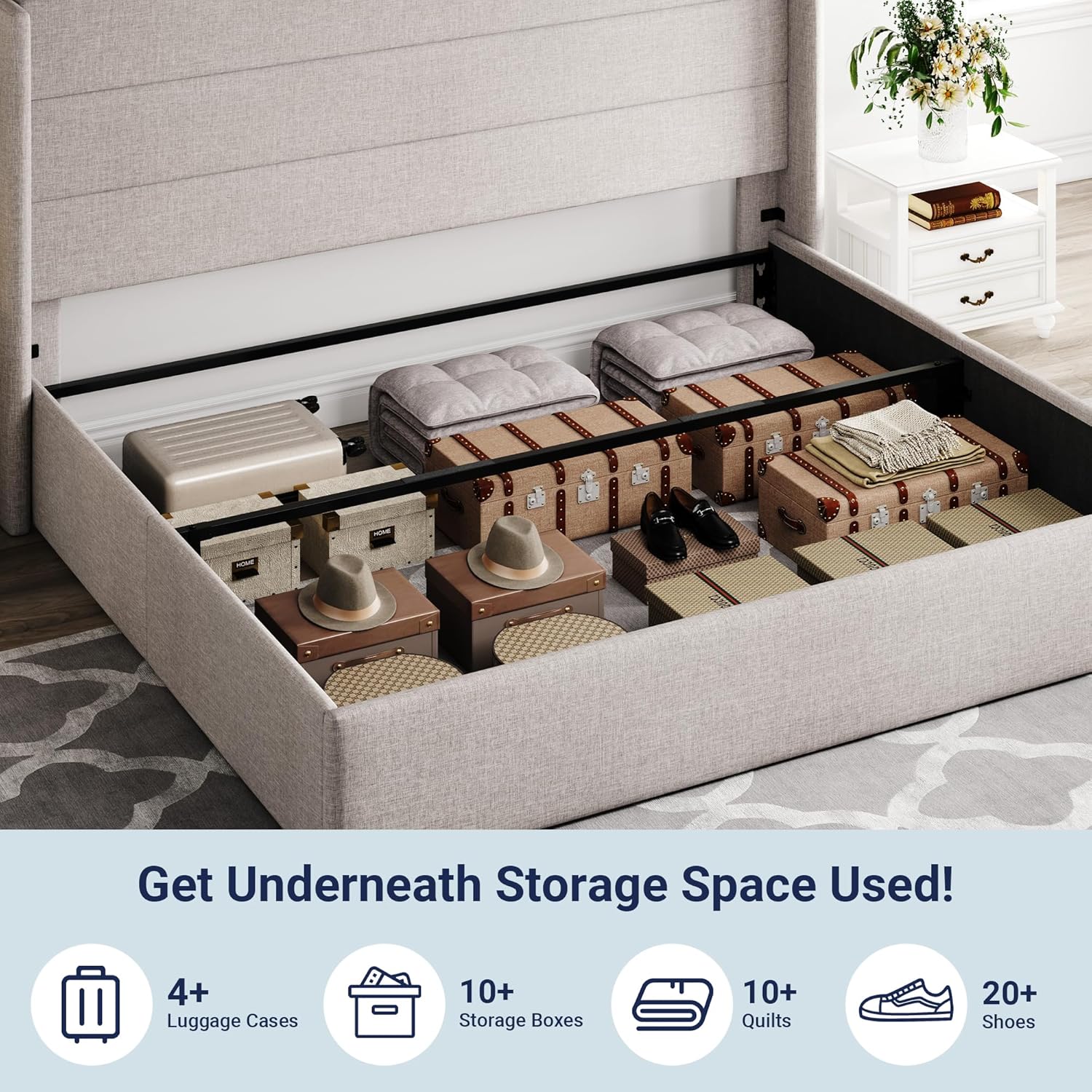 Queen Size Lift Up Storage Bed with Wingback Headboard, Upholstered Platform Bed Frame with Hidden Storage - Image 94