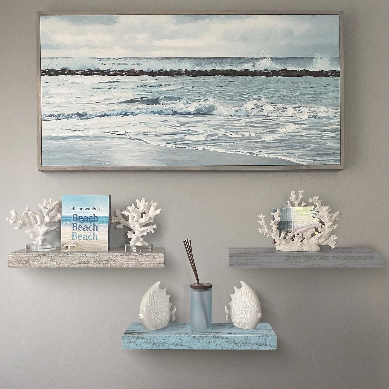 3-Pack Rustic Wood Floating Wall Shelves, Beach Style Hanging Display and Storage Shelves - Image 15