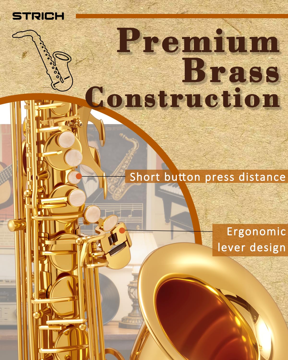 Bb Tenor Saxophone for Student Beginner, Brass Tenor Sax Kit with Hard Case Stand Neck Strap Mouthpiece and Reeds for Band School, STS-130G, Gold - Image 3