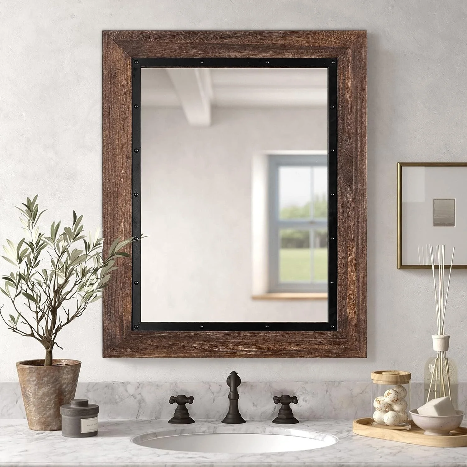 Rustic Wood and Iron Framed Bathroom Vanity Mirror, Wall Mounted Farmhouse Mirror for Bathroom and Bedroom - Image 4