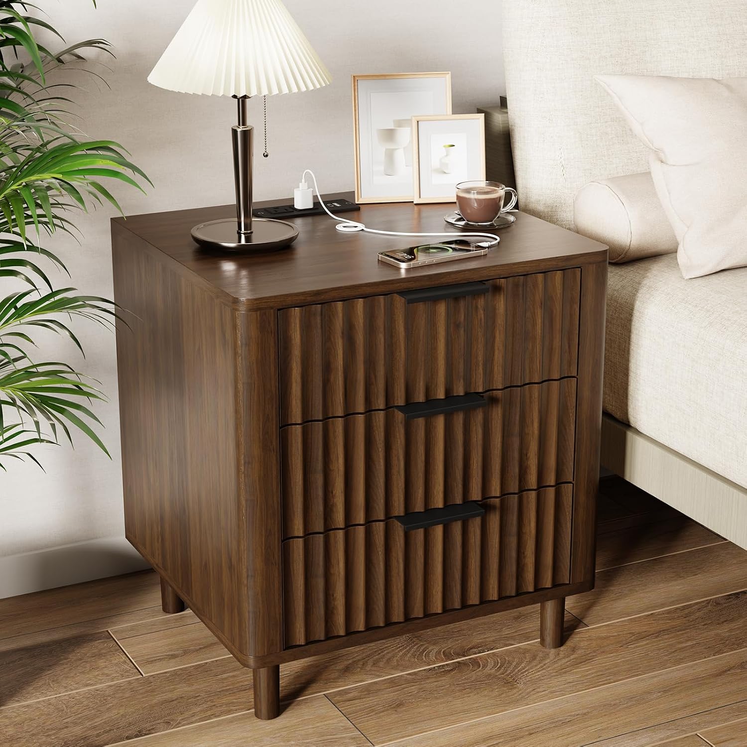 Fluted Nightstand with Charging Station, 2 Drawers Oak - Image 4
