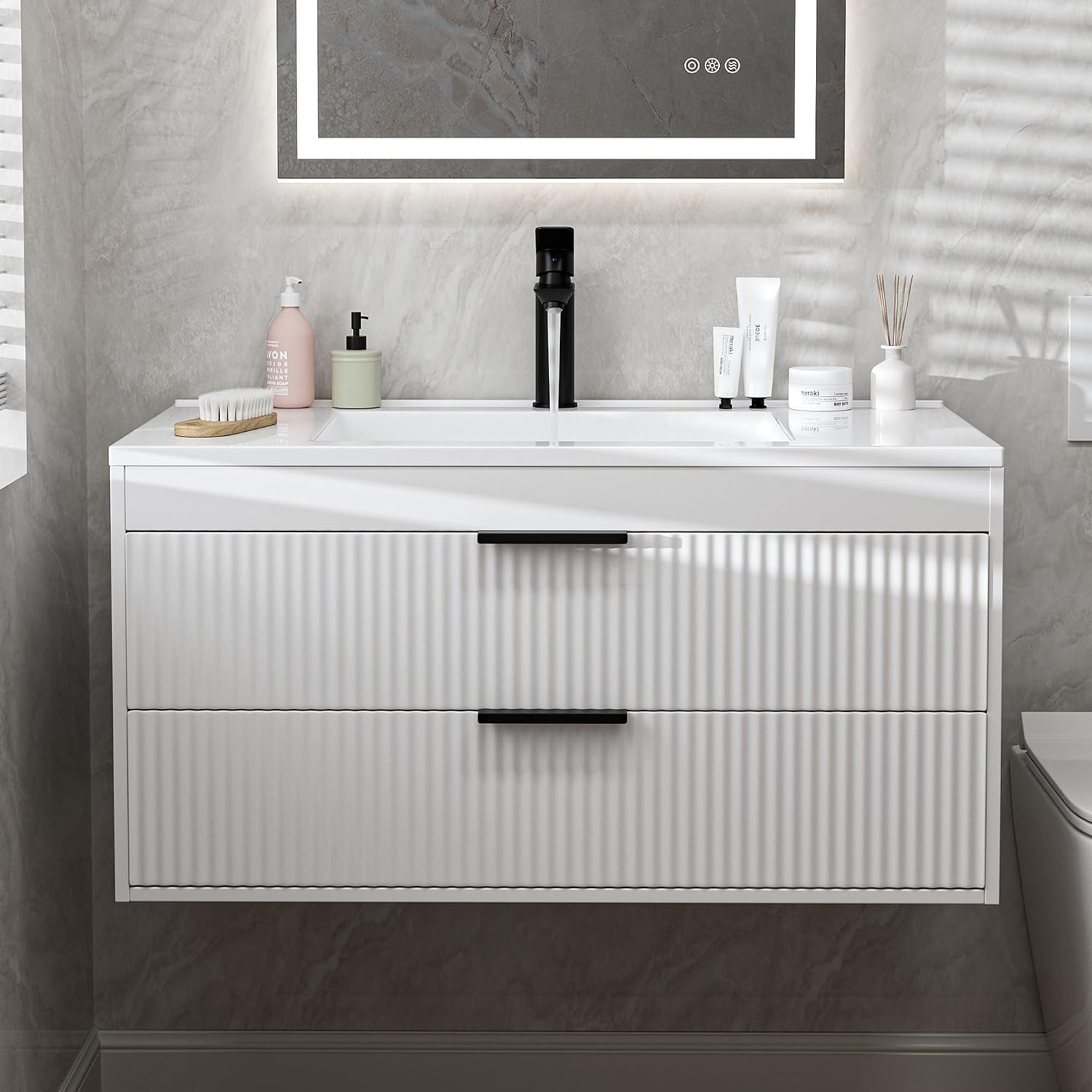 24 Inches Modern MDF Bathroom Vanity with Sink, Wall Mounted Floating Cabinets w/Double Drawers, Black Handles, White Resin Sink Combo Set (White, 24") - Image 4
