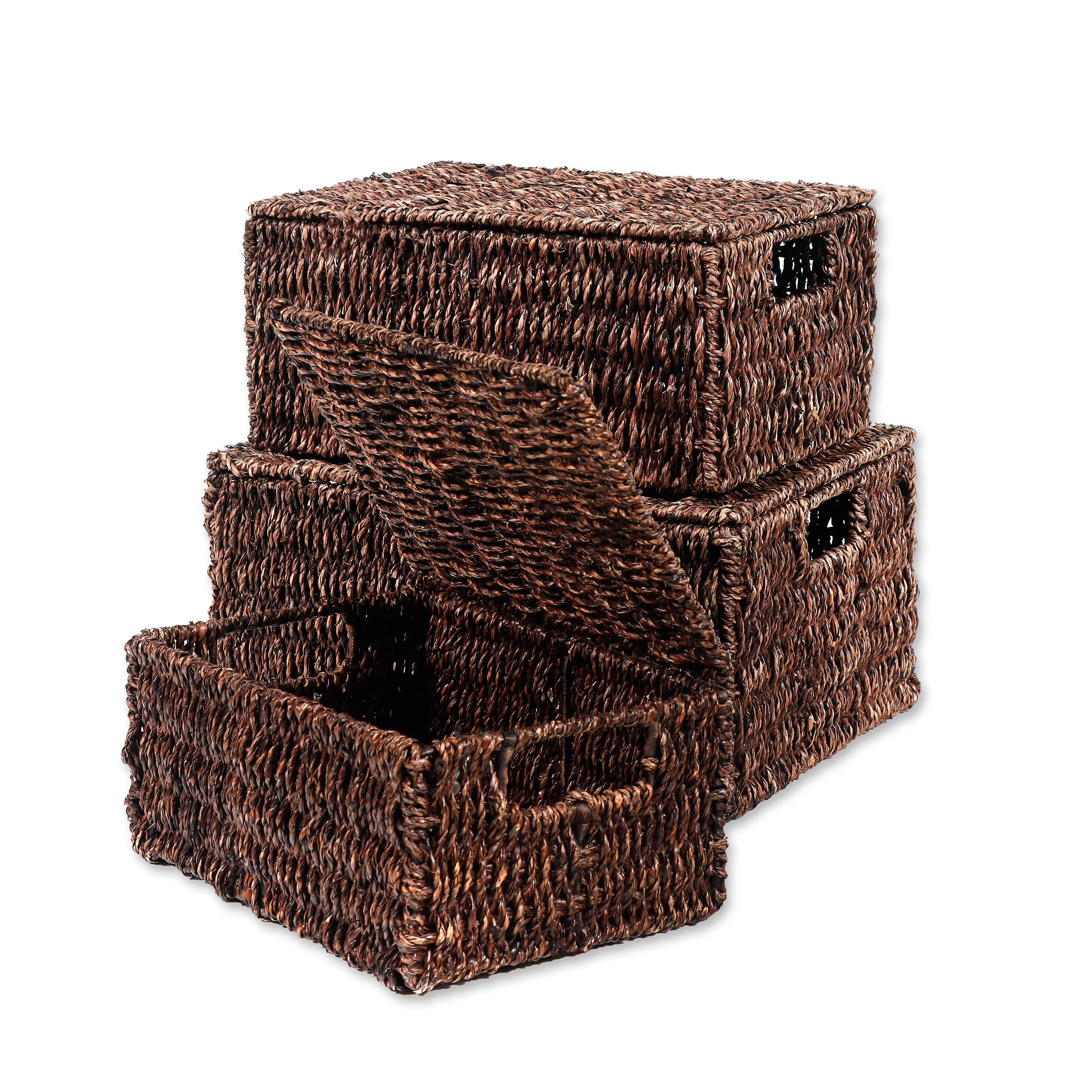 Set of 3 Small Rectangular Seagrass Baskets with Lids, Woven Storage Baskets - Image 3