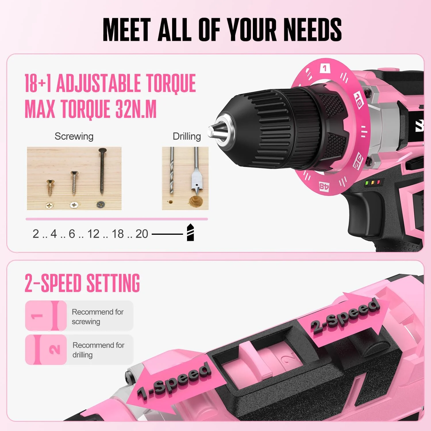 20V 236Pcs Cordless Pink Drill Set - Essential Women's Pink Tool Set, Lady's Basic Home Tool Kit with Pink Tool Bag - All in One Pink Tool Kit Ideal for DIY, Home Improvement - Image 3