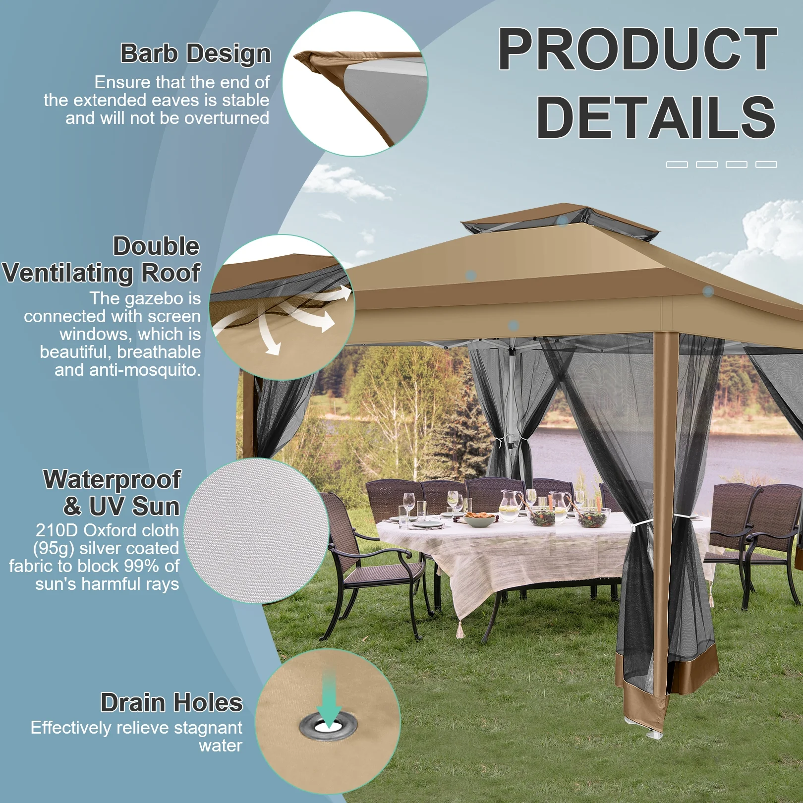 COBIZI 11x11 Pop up Gazebo Outdoor Canopy Gazebo Patio Gazebo with Mosquito Netting Canopy Shelter with 121 Square feet of Shade for Poolside, Garden, Party and Backyard, Khaki - Image 55