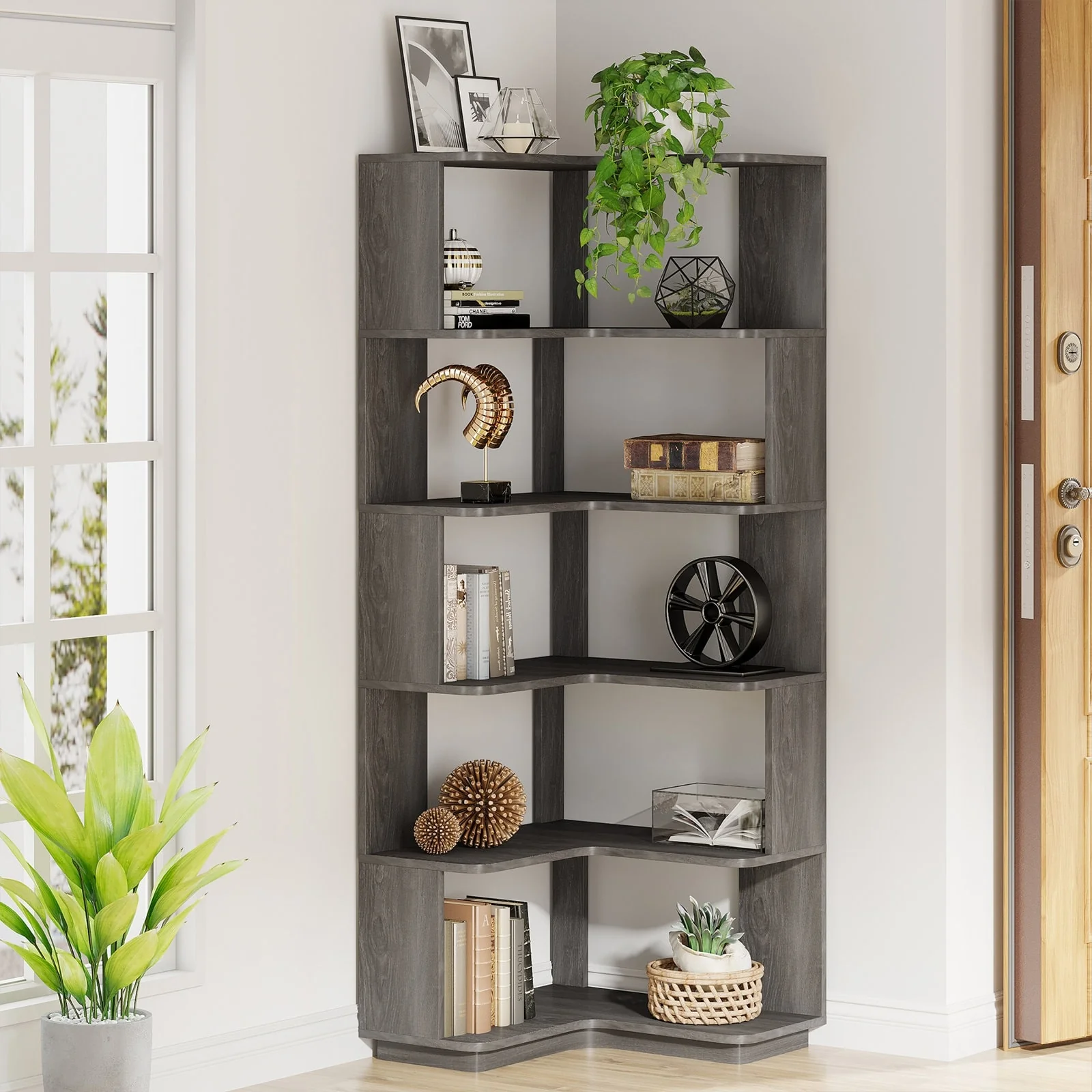 64.9 Inch Tall 6-Tier Corner Bookshelf, Freestanding Wood Industrial Bookcase