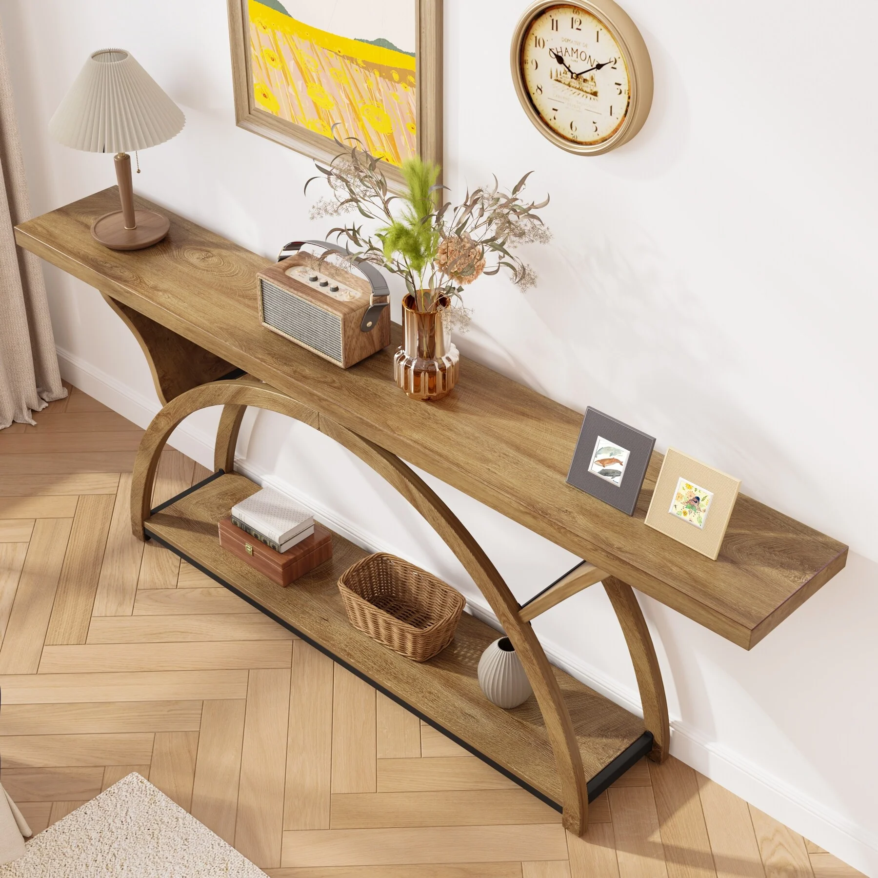 Gray 2-Tier Slim Console Sofa Table, Semi-Circular Metal Frame for Hallway - Image 4