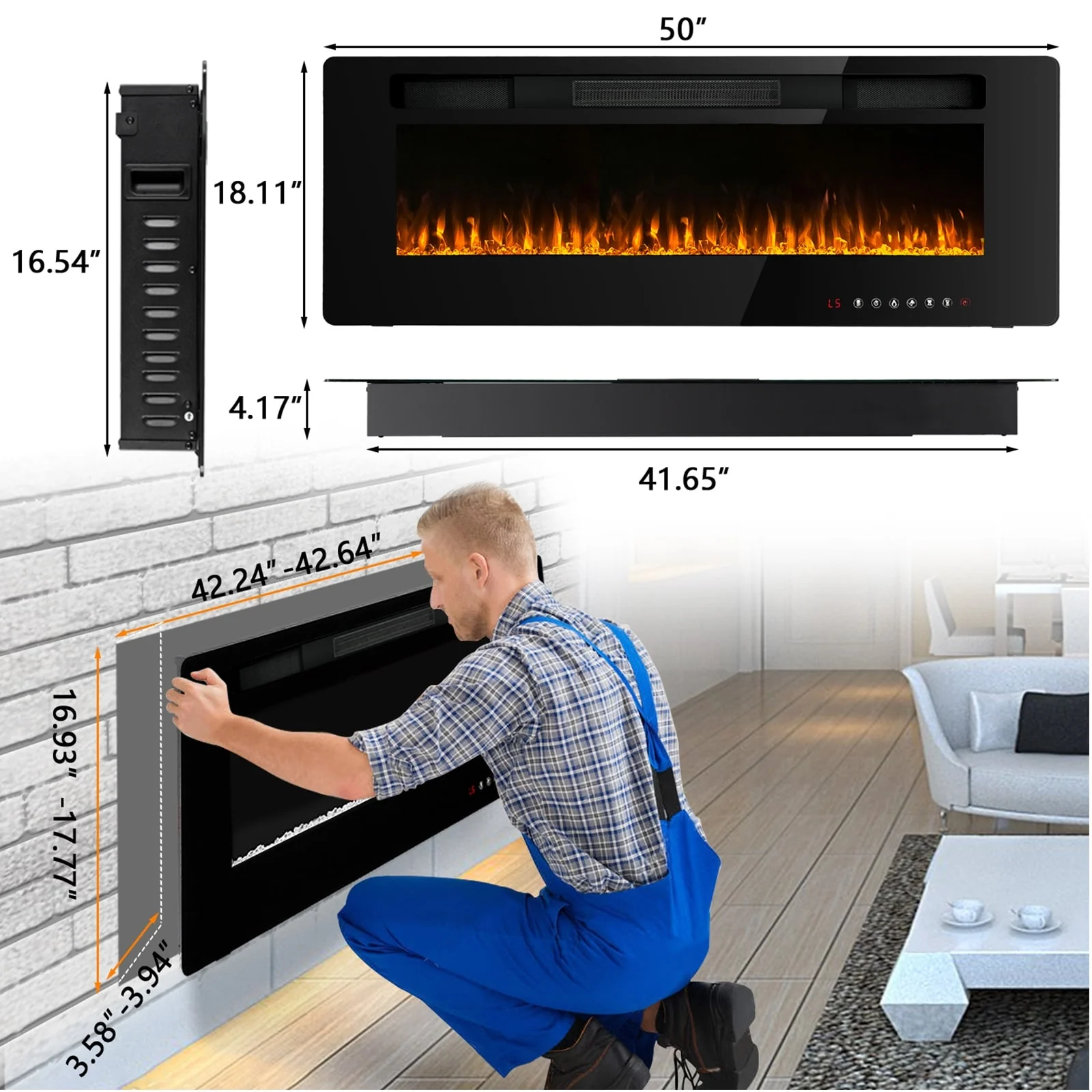30-72 Inch Ultra-Thin Electric Fireplace, Linear Recessed Wall Mounted Fireplace with Remote Control - Image 11