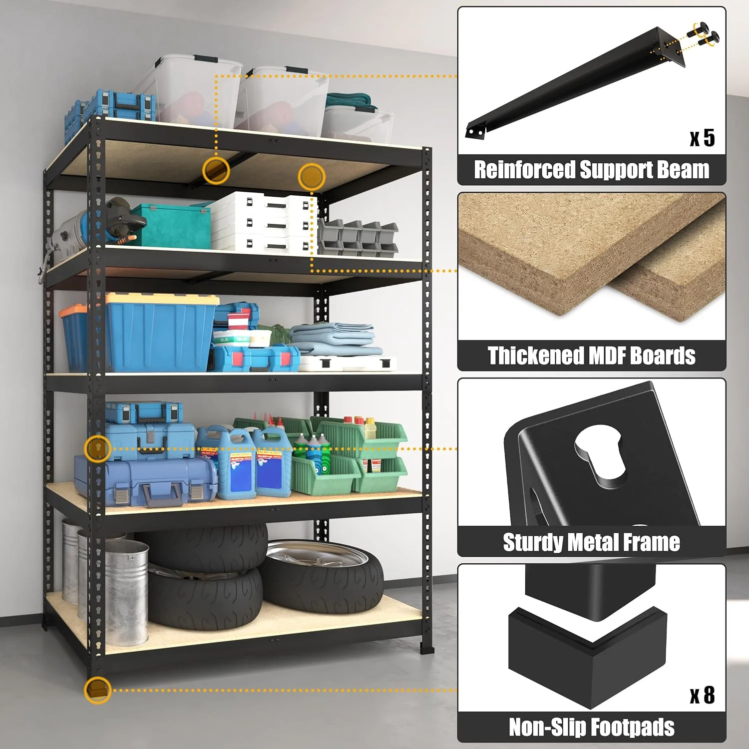 PrimeZone 40" W x 18" D x 71" H Heavy Duty Storage Shelves, 5 Tier Adjustable Garage Storage Shelving, Metal Shelving Unit Utility Rack Shelf for Warehouse Pantry Closet Kitchen, Black - Image 5