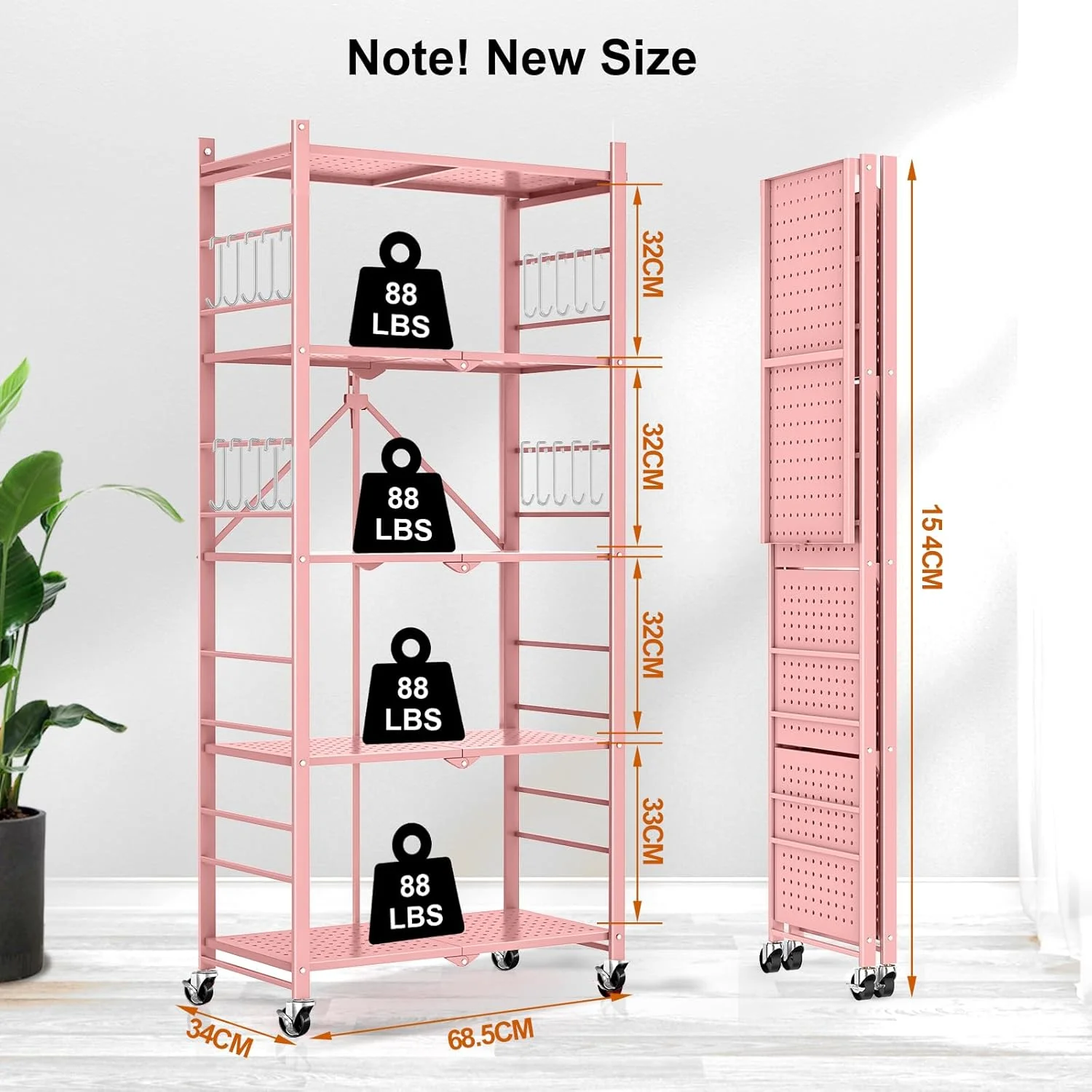 Storage Shelves with 20 Hooks, 4-Tier Foldable Shelves for Storage, Folding Shelf Unit Pantry Shelves with Wheels, Metal Shelving Storage Rack Shelf for Kitchen Garage Home, Black - No Assembly - Image 34