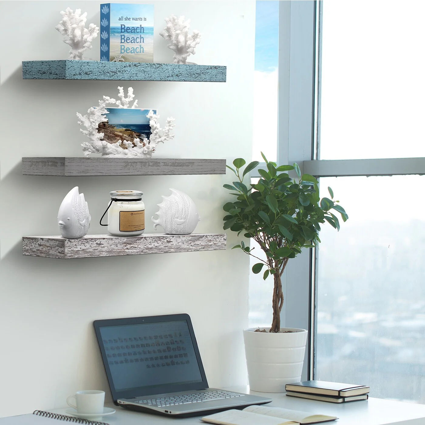 3-Pack Rustic Wood Floating Wall Shelves, Beach Style Hanging Display and Storage Shelves - Image 16