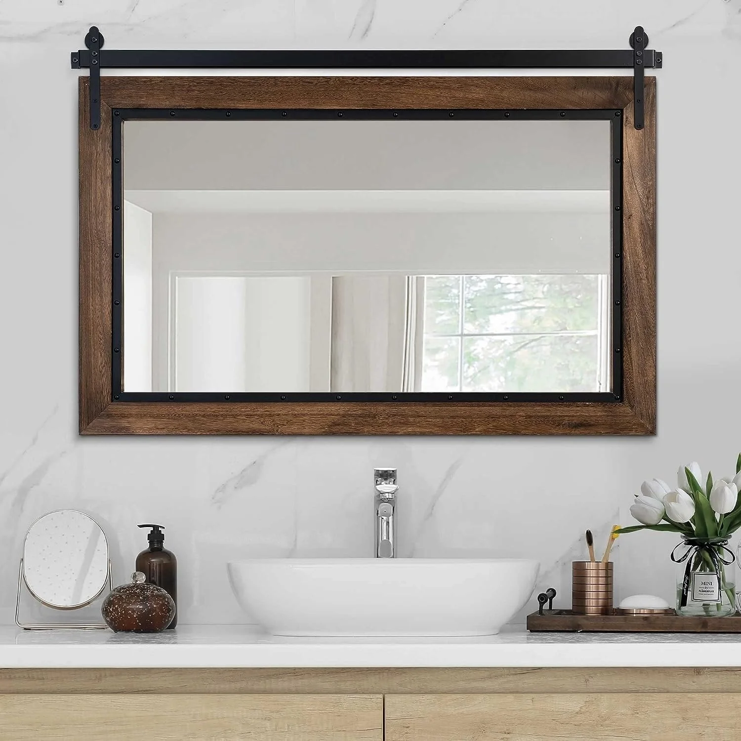 Farmhouse Barn Door Style Bathroom Vanity Mirror, Natural Wood Wall Mirror for Bathroom, Bedroom and Entryway - Image 9