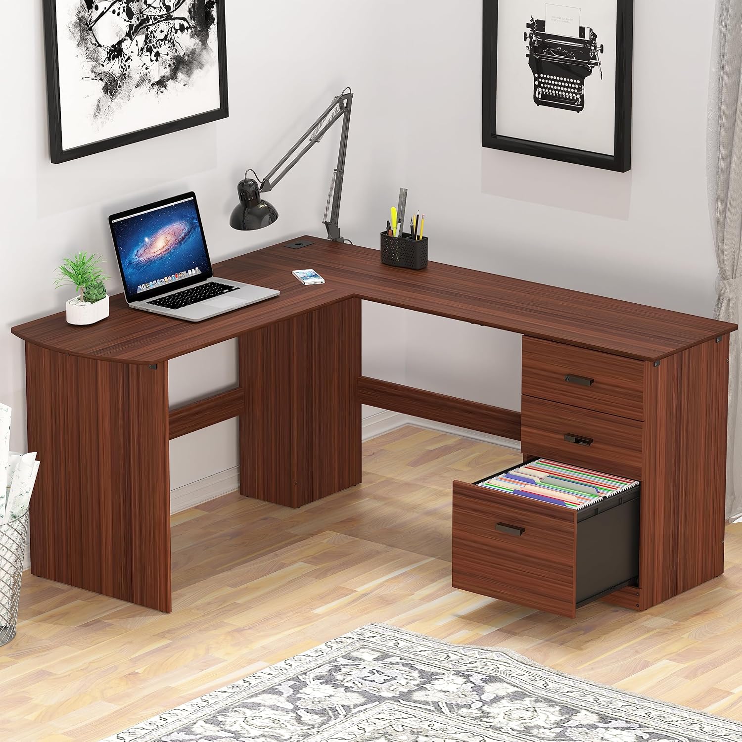 L-Shaped Home Office Wood Corner Desk w/ Box File Drawers, Black - Image 4