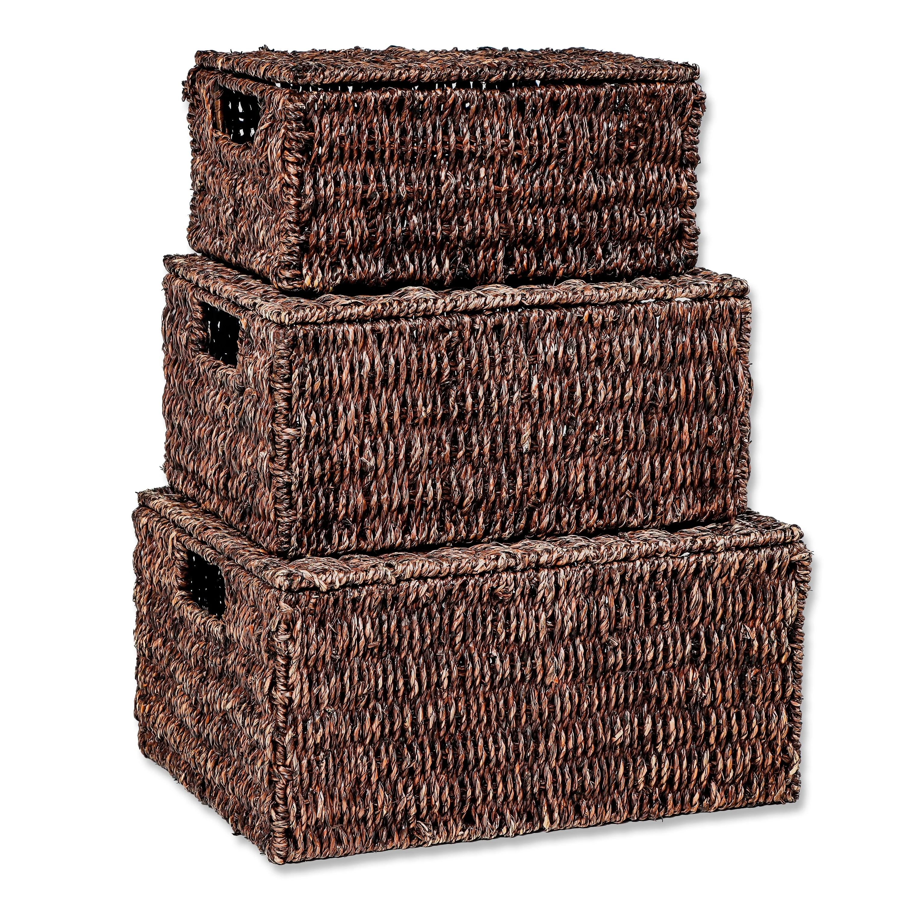 Set of 3 Small Rectangular Seagrass Baskets with Lids, Woven Storage Baskets - Image 12