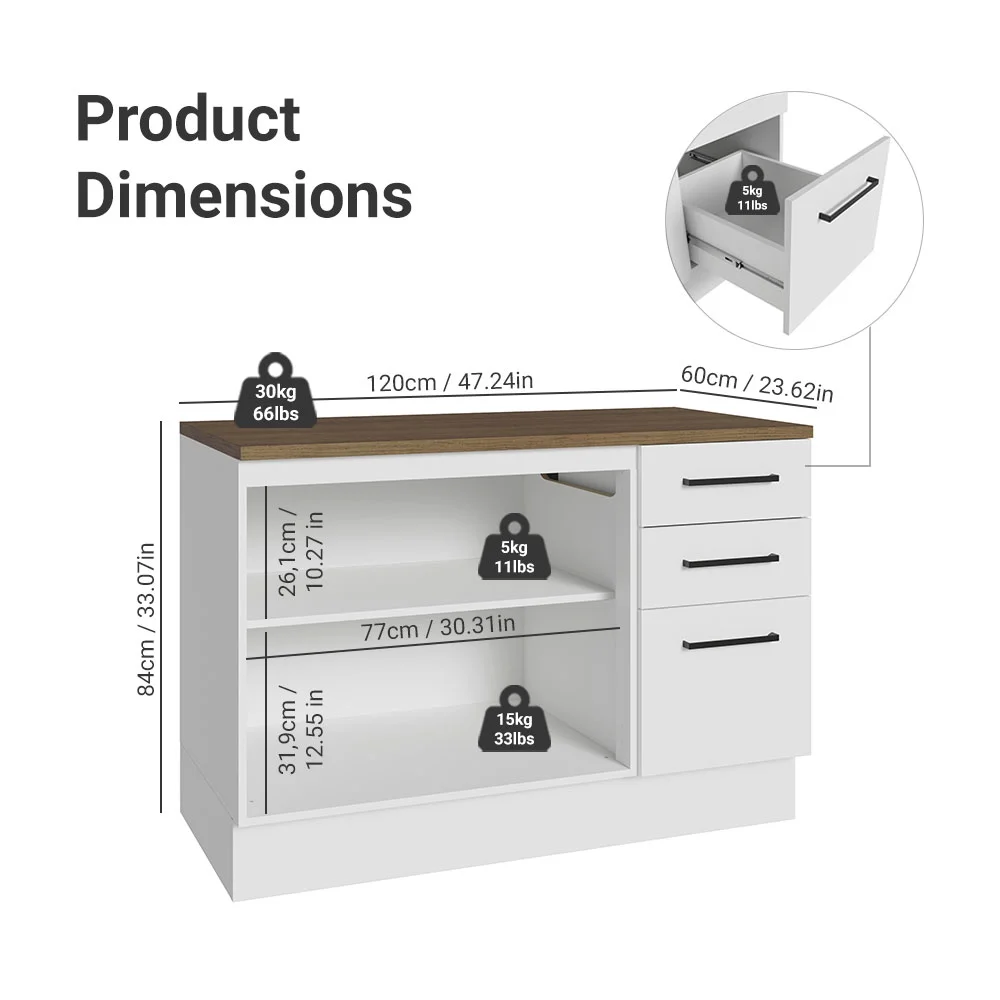 Madesa Garage and Utility Room Base Storage Cabinet with 2 Doors and 3 Drawers Storage Shelves 47 Inch Wooden Organization Unit - White - Image 3