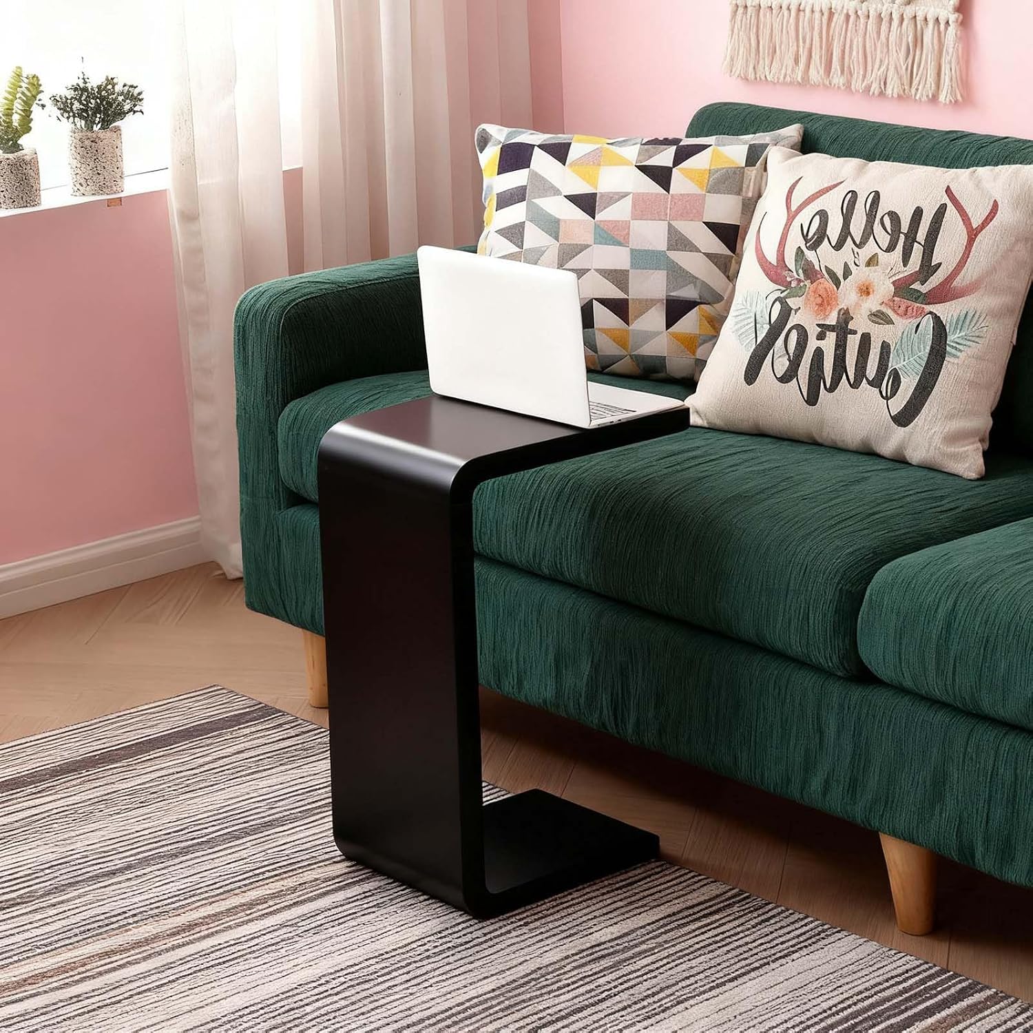 C Shaped End Table for Couch, Wooden C Table for Sofa, Walnut - Image 3