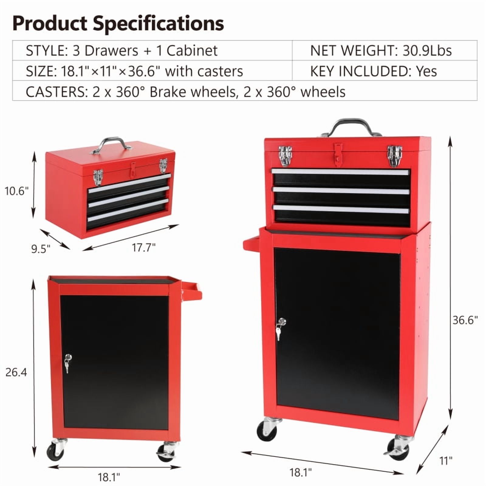 3-Drawer Rolling Tool Chest with Wheels -C Heavy-Duty Storage Cabinet, Locking System, and Adjustable Shelf for Garage and Warehouse - Image 2