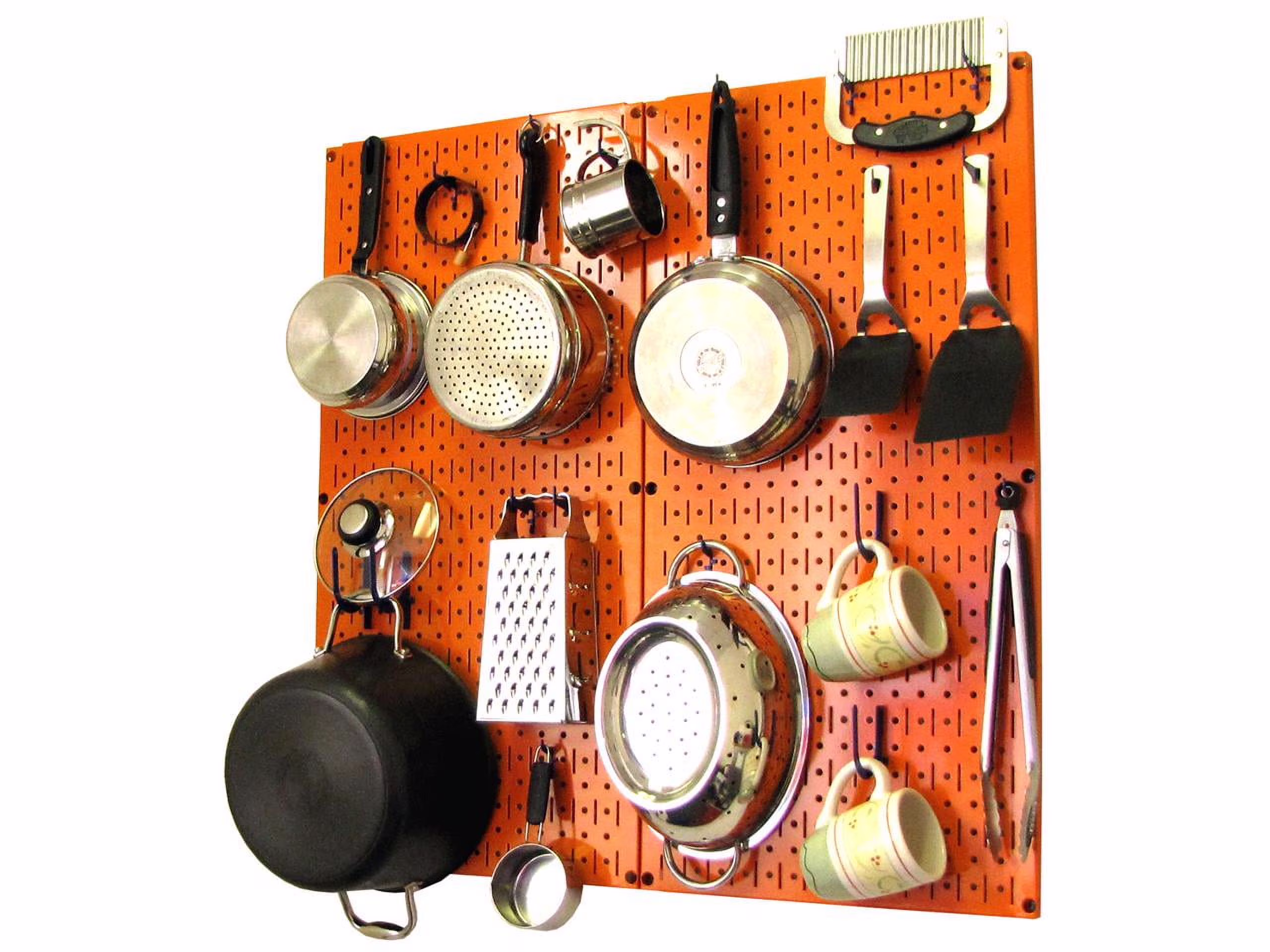Wall Control Kitchen Pegboard Organizer Pots and Pans Pegboard Pack Storage and Organization Kit with Orange Pegboard and Blue Accessories